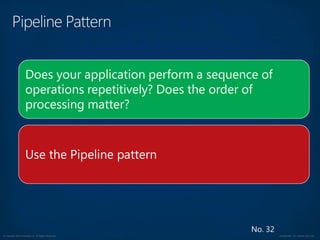 © Copyright 2012 Avanade Inc. All Rights Reserved. Confidential For Internal Use Only
No. 32
Does your application perform a sequence of
operations repetitively? Does the order of
processing matter?
Use the Pipeline pattern
 