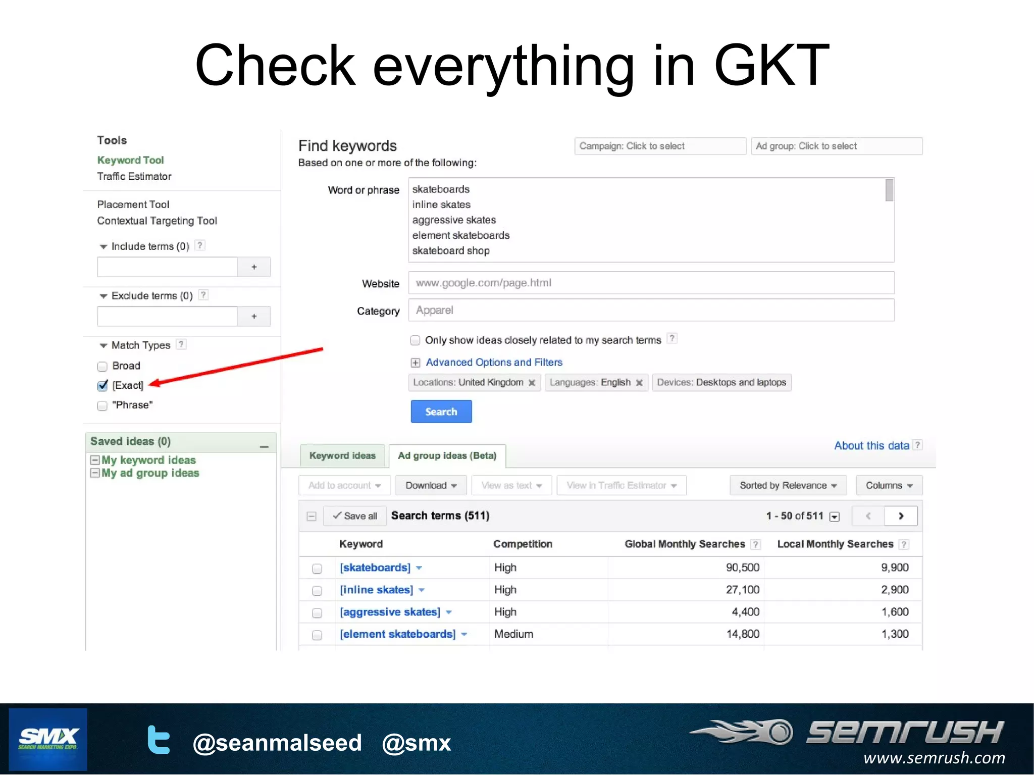 www.semrush.com
@seanmalseed @smx
Check everything in GKT
 