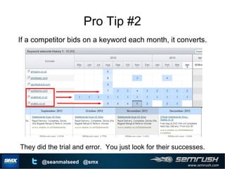 www.semrush.com
@seanmalseed @smx
Pro Tip #2
If a competitor bids on a keyword each month, it converts.
They did the trial and error. You just look for their successes.
 