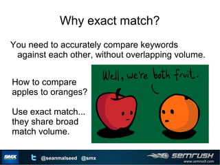 www.semrush.com
@seanmalseed @smx
Why exact match?
You need to accurately compare keywords
against each other, without ove...