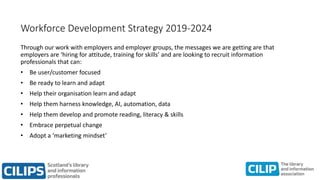 Workforce Development Strategy 2019-2024
Through our work with employers and employer groups, the messages we are getting are that
employers are ‘hiring for attitude, training for skills’ and are looking to recruit information
professionals that can:
• Be user/customer focused
• Be ready to learn and adapt
• Help their organisation learn and adapt
• Help them harness knowledge, AI, automation, data
• Help them develop and promote reading, literacy & skills
• Embrace perpetual change
• Adopt a ‘marketing mindset’
 