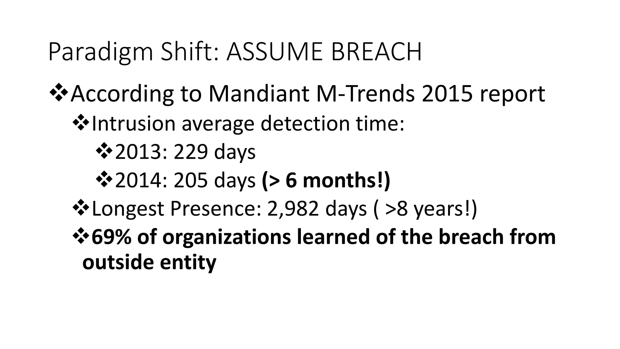 Paradigm Shift: ASSUME BREACH
According to Mandiant M-Trends 2015 report
Intrusion average detection time:
2013: 229 days
2014: 205 days (> 6 months!)
Longest Presence: 2,982 days ( >8 years!)
69% of organizations learned of the breach from
outside entity
 