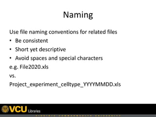 Naming
Use file naming conventions for related files
• Be consistent
• Short yet descriptive
• Avoid spaces and special characters
e.g. File2020.xls
vs.
Project_experiment_celltype_YYYYMMDD.xls
 