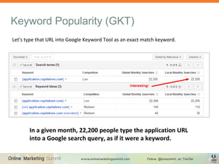 Keyword Popularity (GKT)
Let's type that URL into Google Keyword Tool as an exact match keyword.
In a given month, 22,200 people type the application URL
into a Google search query, as if it were a keyword.
 