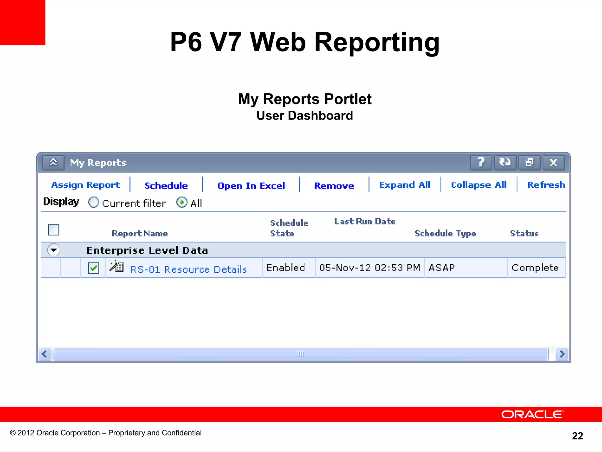 22
P6 V7 Web Reporting
My Reports Portlet
User Dashboard
© 2012 Oracle Corporation – Proprietary and Confidential
 