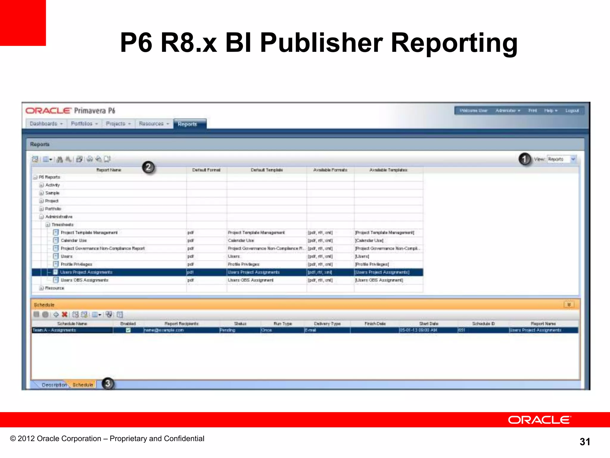 31
P6 R8.x BI Publisher Reporting
© 2012 Oracle Corporation – Proprietary and Confidential
 