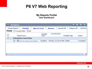 22
P6 V7 Web Reporting
My Reports Portlet
User Dashboard
© 2012 Oracle Corporation – Proprietary and Confidential
 