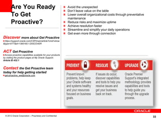 33
Are You Ready
To Get
Proactive?
Avoid the unexpected
Don’t leave value on the table
Lower overall organizational costs through preventative
maintenance
Reduce risks and maximize uptime
Achieve resolution faster
Streamline and simplify your daily operations
Get even more through connection
Discover more about Get Proactive
https://support.oracle.com/CSP/main/article?cmd=show
&type=ATT&id=1385165.1:DISCOVER
ACT Get Proactive
Access proactive capabilities available for your products
by visiting the product pages at My Oracle Support;
Article ID 432.1
Contact the Get Proactive team
today for help getting started
get-proactive_ww@oracle.com
© 2012 Oracle Corporation – Proprietary and Confidential
 