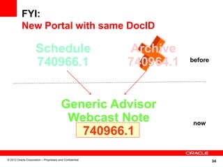 34
FYI:
New Portal with same DocID
Archive
740964.1
Schedule
740966.1
Generic Advisor
Webcast Note
740966.1
before
now
© 2012 Oracle Corporation – Proprietary and Confidential
 