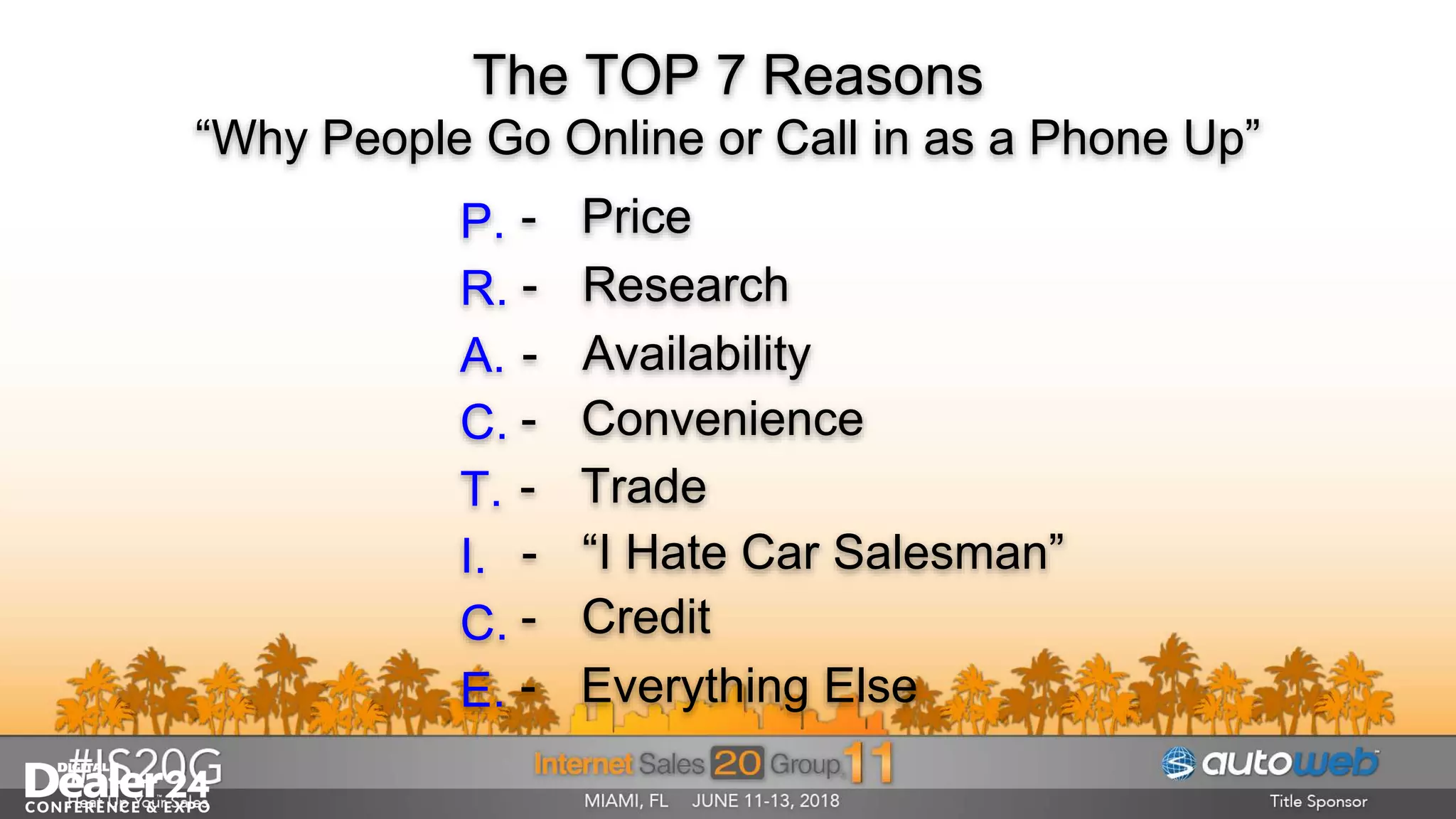 The TOP 7 Reasons
“Why People Go Online or Call in as a Phone Up”
P.
R.
A.
C.
T.
I.
C.
E.
- Price
- Research
- Availability
- Convenience
- Trade
- “I Hate Car Salesman”
- Credit
- Everything Else
 