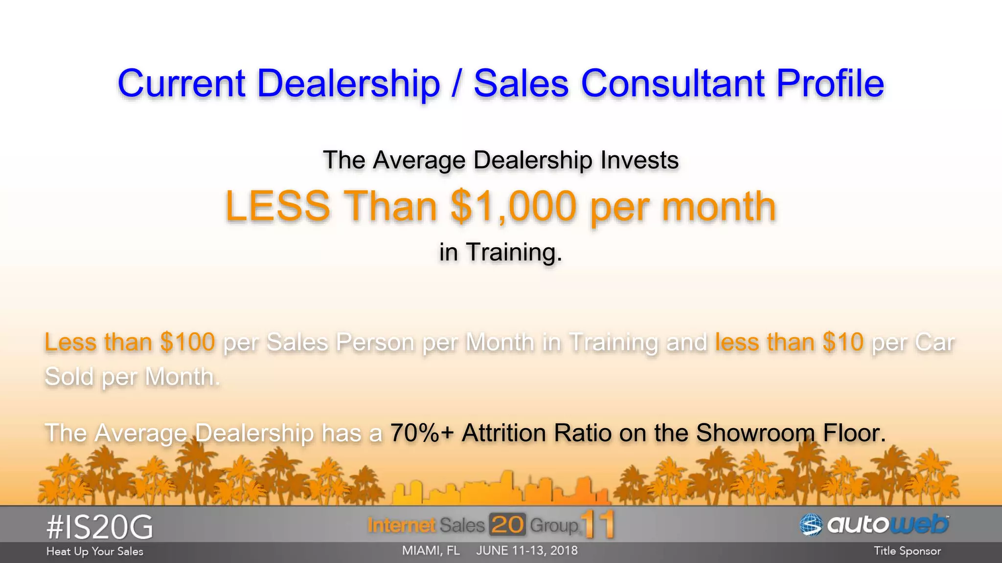 Current Dealership / Sales Consultant Profile
The Average Dealership Invests
LESS Than $1,000 per month
in Training.
Less than $100 per Sales Person per Month in Training and less than $10 per Car
Sold per Month.
The Average Dealership has a 70%+ Attrition Ratio on the Showroom Floor.
 