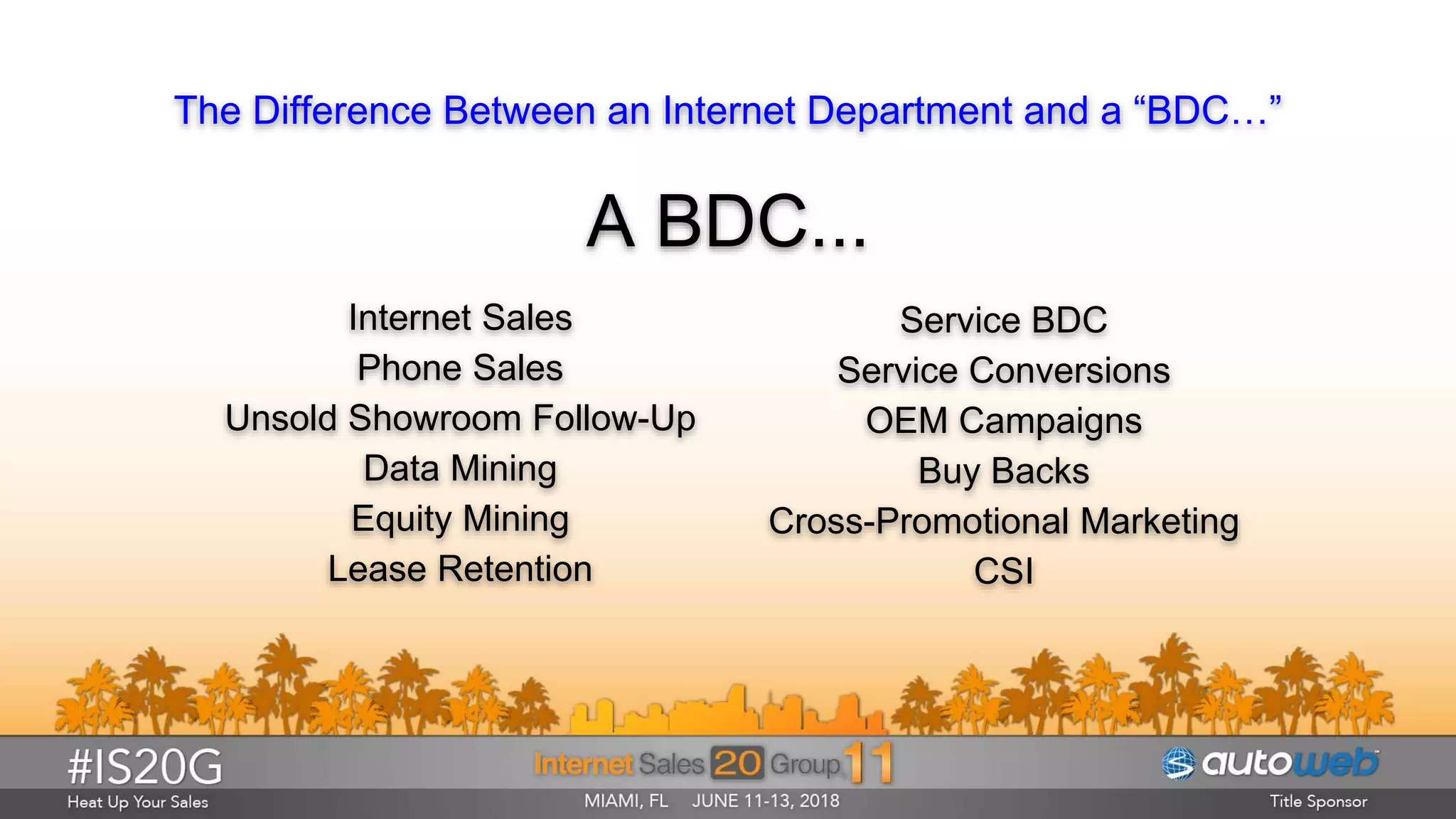 The Difference Between an Internet Department and a “BDC…”
Internet Sales
Phone Sales
Unsold Showroom Follow-Up
Data Mining
Equity Mining
Lease Retention
Service BDC
Service Conversions
OEM Campaigns
Buy Backs
Cross-Promotional Marketing
CSI
A BDC...
 