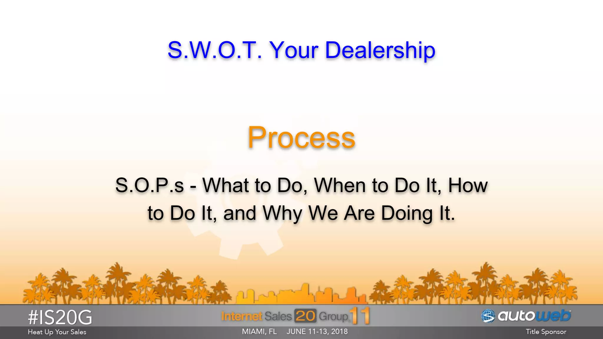 S.W.O.T. Your Dealership
Process
S.O.P.s - What to Do, When to Do It, How
to Do It, and Why We Are Doing It.
 