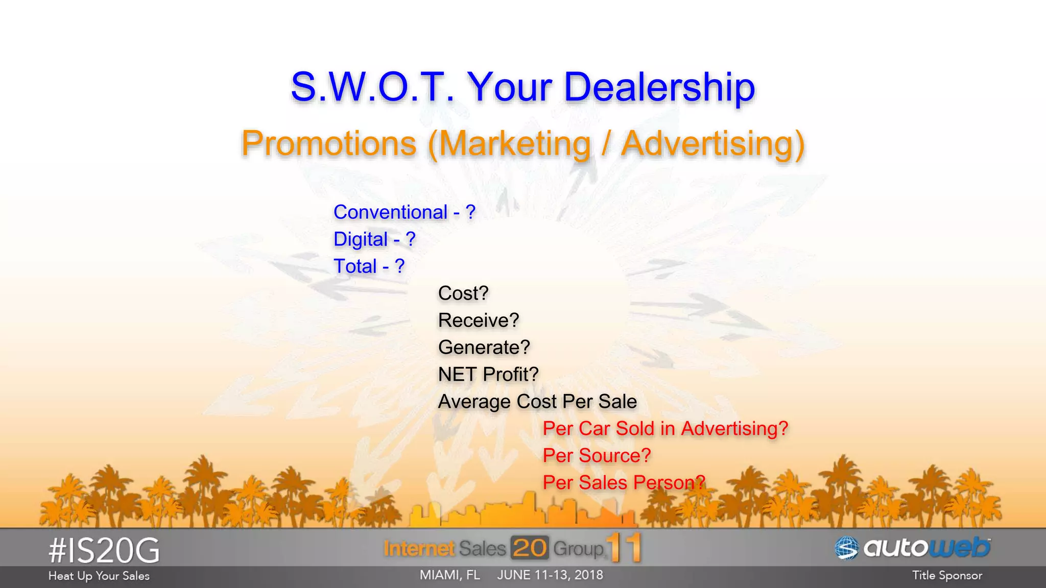 S.W.O.T. Your Dealership
Promotions (Marketing / Advertising)
Conventional - ?
Digital - ?
Total - ?
Cost?
Receive?
Generate?
NET Profit?
Average Cost Per Sale
Per Car Sold in Advertising?
Per Source?
Per Sales Person?
 