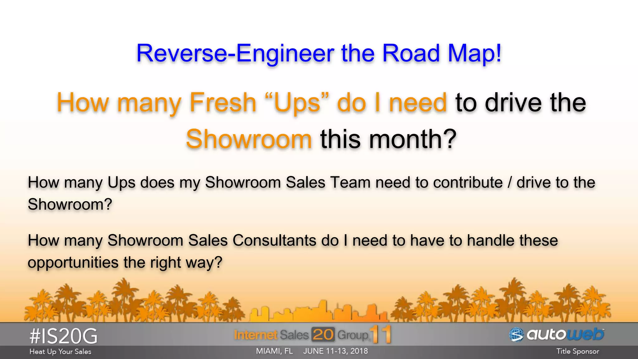 Reverse-Engineer the Road Map!
How many Fresh “Ups” do I need to drive the
Showroom this month?
How many Ups does my Showroom Sales Team need to contribute / drive to the
Showroom?
How many Showroom Sales Consultants do I need to have to handle these
opportunities the right way?
 
