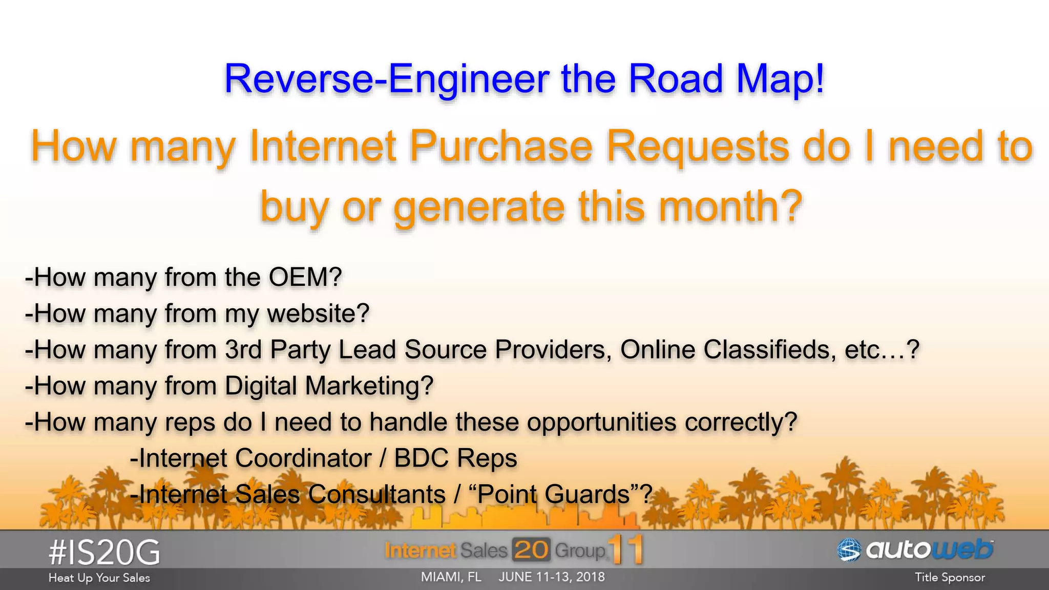 Reverse-Engineer the Road Map!
How many Internet Purchase Requests do I need to
buy or generate this month?
-How many from the OEM?
-How many from my website?
-How many from 3rd Party Lead Source Providers, Online Classifieds, etc…?
-How many from Digital Marketing?
-How many reps do I need to handle these opportunities correctly?
-Internet Coordinator / BDC Reps
-Internet Sales Consultants / “Point Guards”?
 
