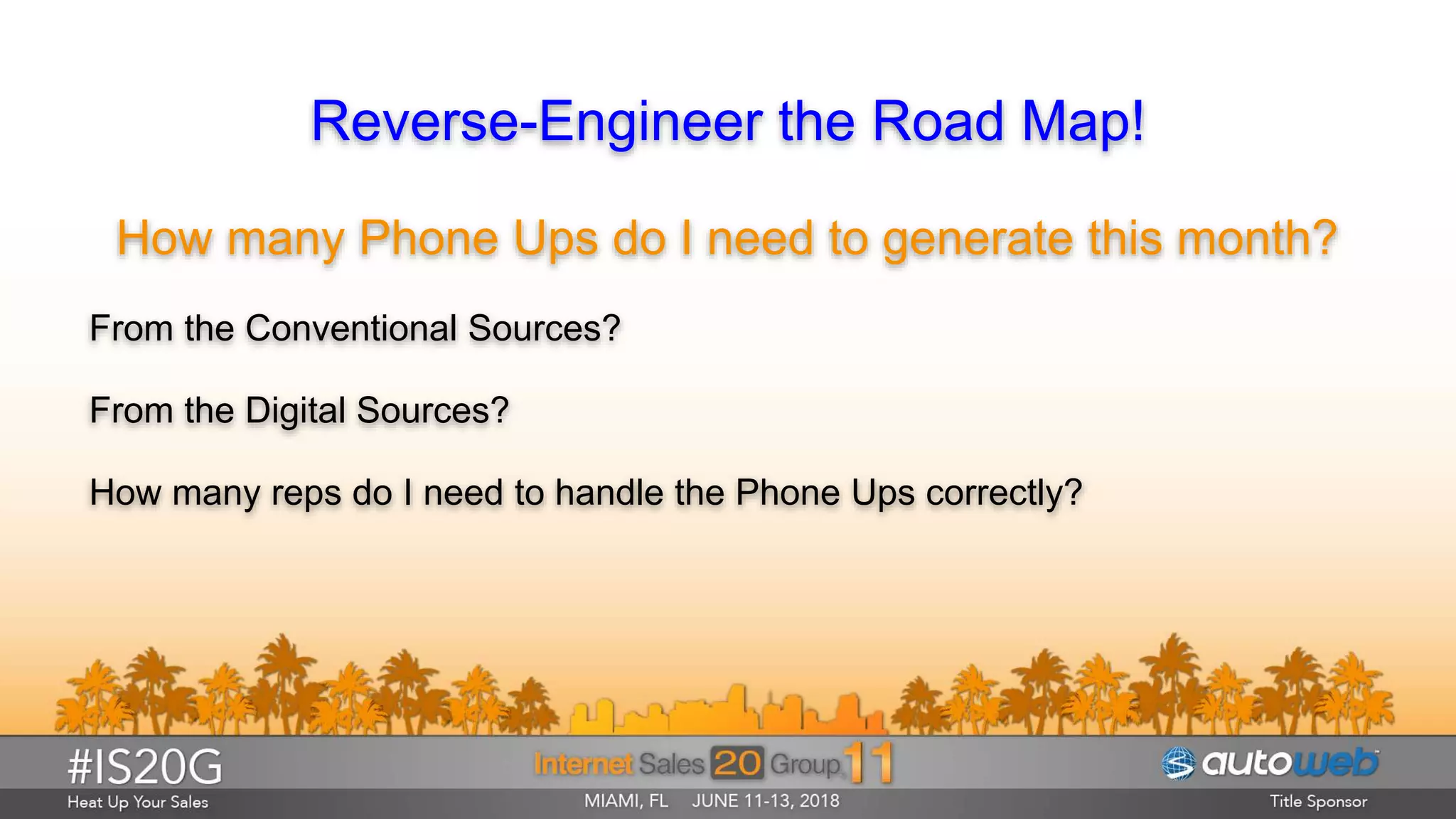 Reverse-Engineer the Road Map!
How many Phone Ups do I need to generate this month?
From the Conventional Sources?
From the Digital Sources?
How many reps do I need to handle the Phone Ups correctly?
 