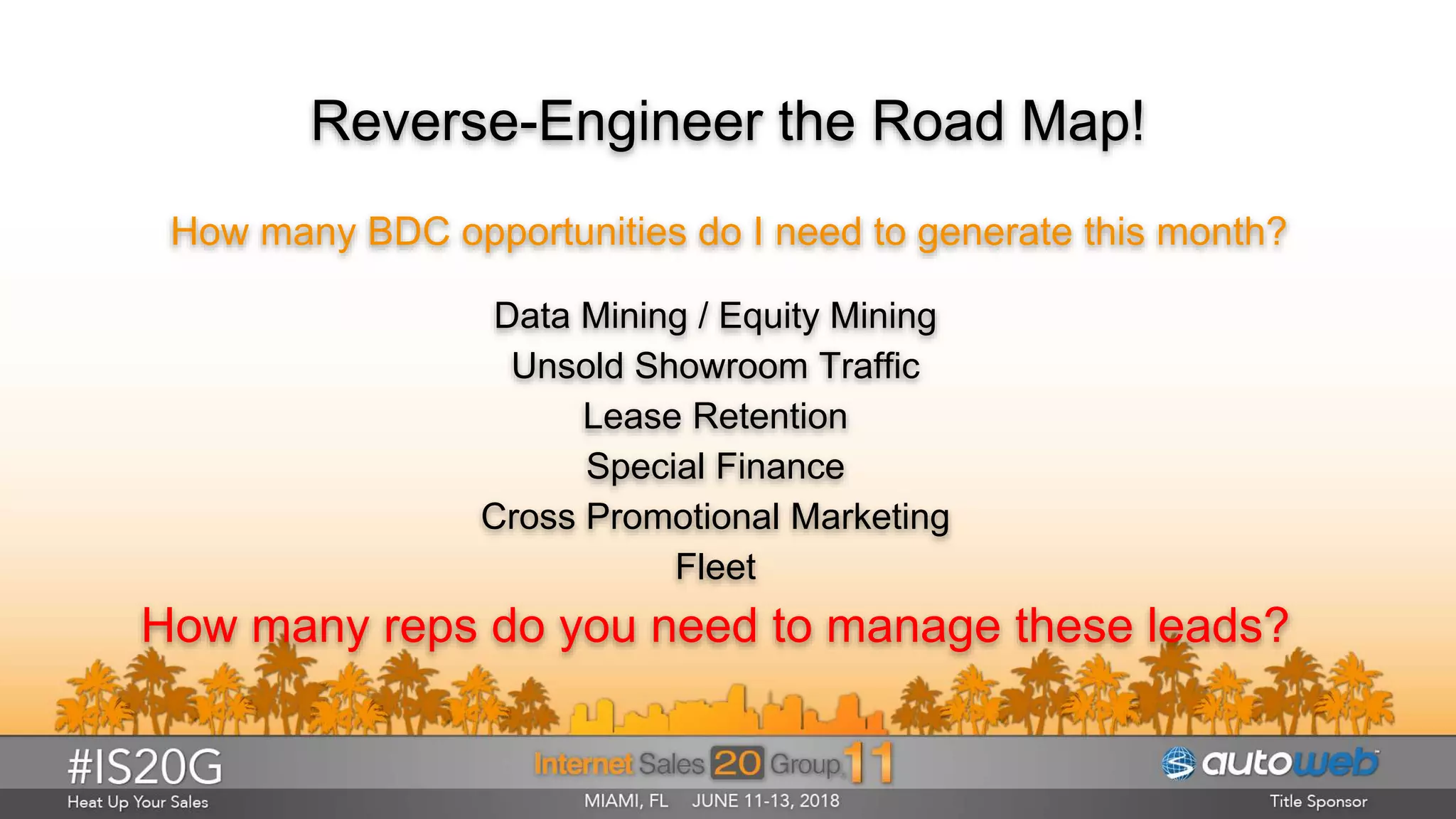 Reverse-Engineer the Road Map!
How many BDC opportunities do I need to generate this month?
Data Mining / Equity Mining
Unsold Showroom Traffic
Lease Retention
Special Finance
Cross Promotional Marketing
Fleet
How many reps do you need to manage these leads?
 