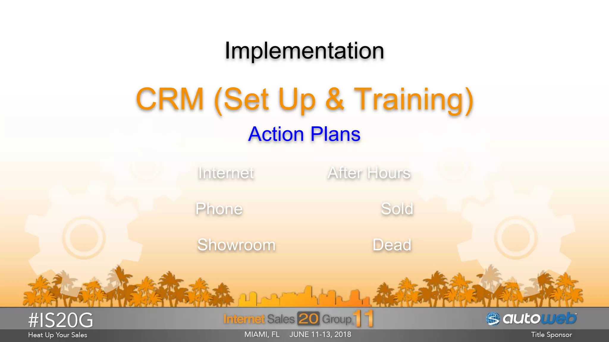 Implementation
CRM (Set Up & Training)
Action Plans
Internet After Hours
Phone Sold
Showroom Dead
 