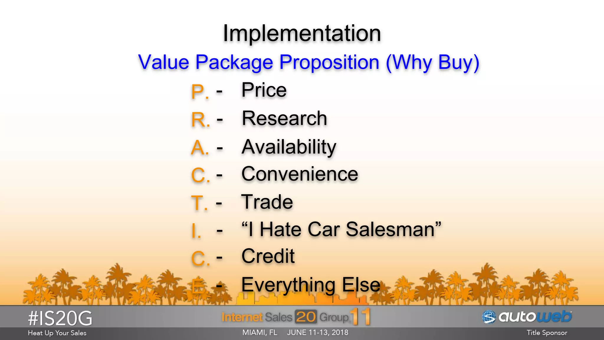 Implementation
Value Package Proposition (Why Buy)
P.
R.
A.
C.
T.
I.
C.
E.
- Price
- Research
- Availability
- Convenience
- Trade
- “I Hate Car Salesman”
- Credit
- Everything Else
 