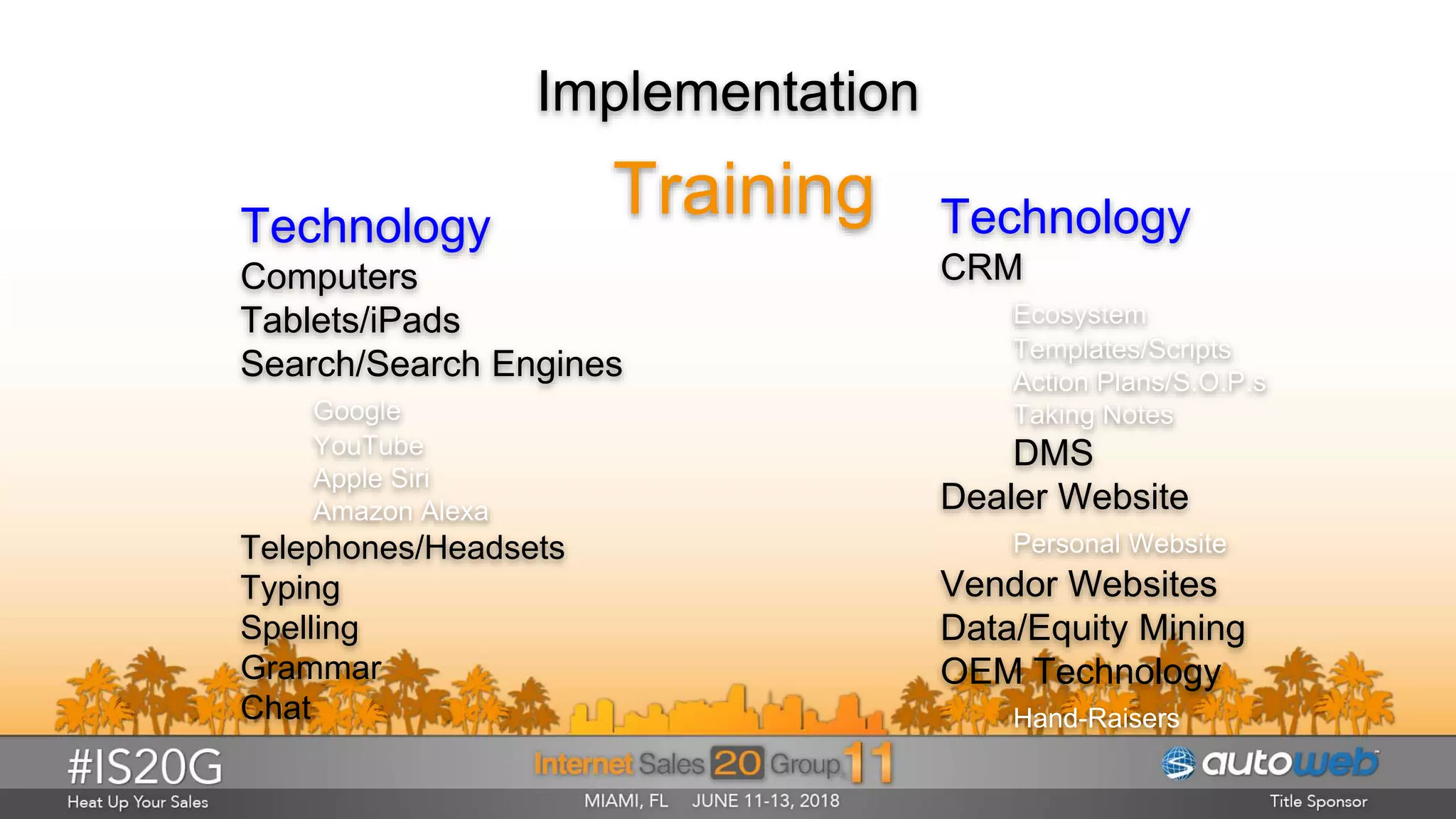 Implementation
TrainingTechnology
Computers
Tablets/iPads
Search/Search Engines
Google
YouTube
Apple Siri
Amazon Alexa
Telephones/Headsets
Typing
Spelling
Grammar
Chat
Technology
CRM
Ecosystem
Templates/Scripts
Action Plans/S.O.P.s
Taking Notes
DMS
Dealer Website
Personal Website
Vendor Websites
Data/Equity Mining
OEM Technology
Hand-Raisers
 