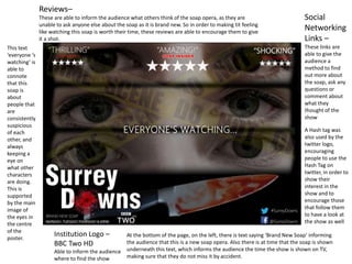 Institution Logo –
BBC Two HD
Able to inform the audience
where to find the show
At the bottom of the page, on the left, there is text saying ‘Brand New Soap’ informing
the audience that this is a new soap opera. Also there is at time that the soap is shown
underneath this text, which informs the audience the time the show is shown on TV,
making sure that they do not miss it by accident.
Social
Networking
Links –
These links are
able to give the
audience a
method to find
out more about
the soap, ask any
questions or
comment about
what they
thought of the
show
Reviews–
These are able to inform the audience what others think of the soap opera, as they are
unable to ask anyone else about the soap as it is brand new. So in order to making tit feeling
like watching this soap is worth their time, these reviews are able to encourage them to give
it a shot.
This text
‘everyone ‘s
watching’ is
able to
connote
that this
soap is
about
people that
are
consistently
suspicious
of each
other, and
always
keeping a
eye on
what other
characters
are doing.
This is
supported
by the main
image of
the eyes in
the centre
of the
poster.
A Hash tag was
also used by the
twitter logo,
encouraging
people to use the
Hash Tag on
twitter, in order to
show their
interest in the
show and to
encourage those
that follow them
to have a look at
the show as well
 