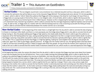 Trailer 1 – This Autumn on EastEnders
( https://www.youtube.com/watch?v=fVkCtQb7XSI )
Verbal Codes – The non-diegetic sound track is very emotional, has a relatively low pitch and has a slow pace, which is able to
connote the sad events that will be likely to occur to the character Peggy Mitchell. The backing tracks lyrics denote ‘It’s the last goodbye,
I swear’, which is able to ‘inform’ (Katz) the audience that Peggy will not be staying on the show for much longer. On top of that, as
Peggy looks at a young couple in front of her, there is a non-diegetic code of church bells, which is able to ‘signify’ (De Saussure) the
happy times that have occurred during her time in Albert Square. However as this is happening the backing tracks lyrics are ‘ I can’t rely
of a diamond in love, that don’t go anywhere’, which is able to connote that this marriage (happiness) might be hopeless and not last for
long. As well as that, as Peggy looks at a mother with her child the backing track has a low screeching sound with the hitting of metal,
which is able to connote that the relationship between this mother and her son is not stable.
Non-Verbal Codes – At the beginning of the trailer there is a bright light from the sky which is able to connote the idea of going
to heaven or moving on after death, and there is a train passing by over the bridge above Peggy witch is also able to connote that she will
being moving on. Also the people walking past Peggy at high speed as she slowly walks down the street is able to give the audience an
impression of her life flashing before her eyes, seeing everything that has happened in her life in a single moment before death. As well as
that Peggy is wearing a long white coat which is able to connote that she has become a ghostly white figure, which is able to signify that
she has died. This is supported by the fact that Peggy is in high key lighting, making her seem brighter than the figures and people she
walks past, again this is able to give Peggy a ghostly presence. As Peggy sees the mother with her son, the lighting lowers (low key) which
is able to connote that something ominous is likely to happen with these two people. On top of that the mothers stern expression as she
looks at her son is able to connote that the mother holds ill intentions towards her son, which results in a worried expression from Peggy.
Technical Codes –
At the beginning of the trailer the camera tilts down from the sky which is able to connote that Peggy may have come down from heaven
to see how the people that she has left behind are. There is also a slight tracking shot following Peggy, which is able to signify that the
audience has watched Peggy throughout her journey on EastEnders, and now they will be able to watch her as her journey come to an end.
The OSS with the newly married couple as Peggy looks at them is able to connote that Peggy will be keeping a watch on the path that
these two as they move forward with there lives. The wrap shot around the Mother and her child is able to connote that the feeling of
being trapped or backed into a corner, which is able to signify that the son might be in danger. There is also a low camera angle shot
focusing on the mother, this is able to connote the fact that the mother is extremely dominant and controling over the child as this angle
shows that the mother is above him. As the trailer continues it follows Peggy slowly walking down the road and eventually coming to a
stop at the end. This could connote the fact that Peggy's life is coming to the end, and once she gets to the end she will have to stop
walking and vanish.
 
