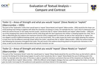 Evaluation of Textual Analysis –
Compare and Contrast
Trailer 1) – Areas of Strength and what you would ‘repeat’ (Steve Neale) or “exploit”
(Abercrombie – 1995)
The parts of the ‘EastEnders’ trailer that I would want to ‘repeat’ (Steve Neale) and ‘exploit’ (Abercrombie - 1995) would be the clever use
of the backing track linking in together with what the characters are doing on screen. For example the line ‘I can’t rely of a diamond in love’
while the camera focuses on the newly married couple. I would also like to ‘repeat’ (Steve Neale) and ‘exploit’ (Abercrombie – 1995) the
use of the wrapping shot used on the Parent and her child along with the stern expression the mother is showing towards her child. This is
able to effectively give the audience the impression that the child is trapped with his mother. As well as that I would like to ‘repeat’ the
non-diegetic sounds of different backing sounds, such as the church bells. This is able to give the trailer more depth allowing the audience
to look more into the different meanings shown within the trailer. I would also like to ‘exploit’ (Abercrombie - 1995) the camera tracking
shot following the characters throughout the trailer. This will result in the audience becoming attach to the particular characters in the
show, as well as only show the audience what that specific character can see
Trailer 2) – Areas of Strength and what you would ‘repeat’ (Steve Neale) or “exploit”
(Abercrombie – 1995)
The parts of the ‘Coronation Street’ trailer the I would want to ‘repeat’ (Steve Neale) would be the use of the close-up shot which is able to
connote the feeling of the bride being trapped. As well as that I would also like to ‘repeat’ (Steve Neale) the use of clothing used in the
trailer. For example when the colour of the dress is able to reveal the intentions a emotions that one of the characters are feeling. On top
of that I would like to ‘exploit’ (Abercrombie – 1995) the different verbal diegetic dialogue that was used throughout the trailer, in order to
give my trailer more ways for the audience to ask questions and show interest in the soap opera.
 