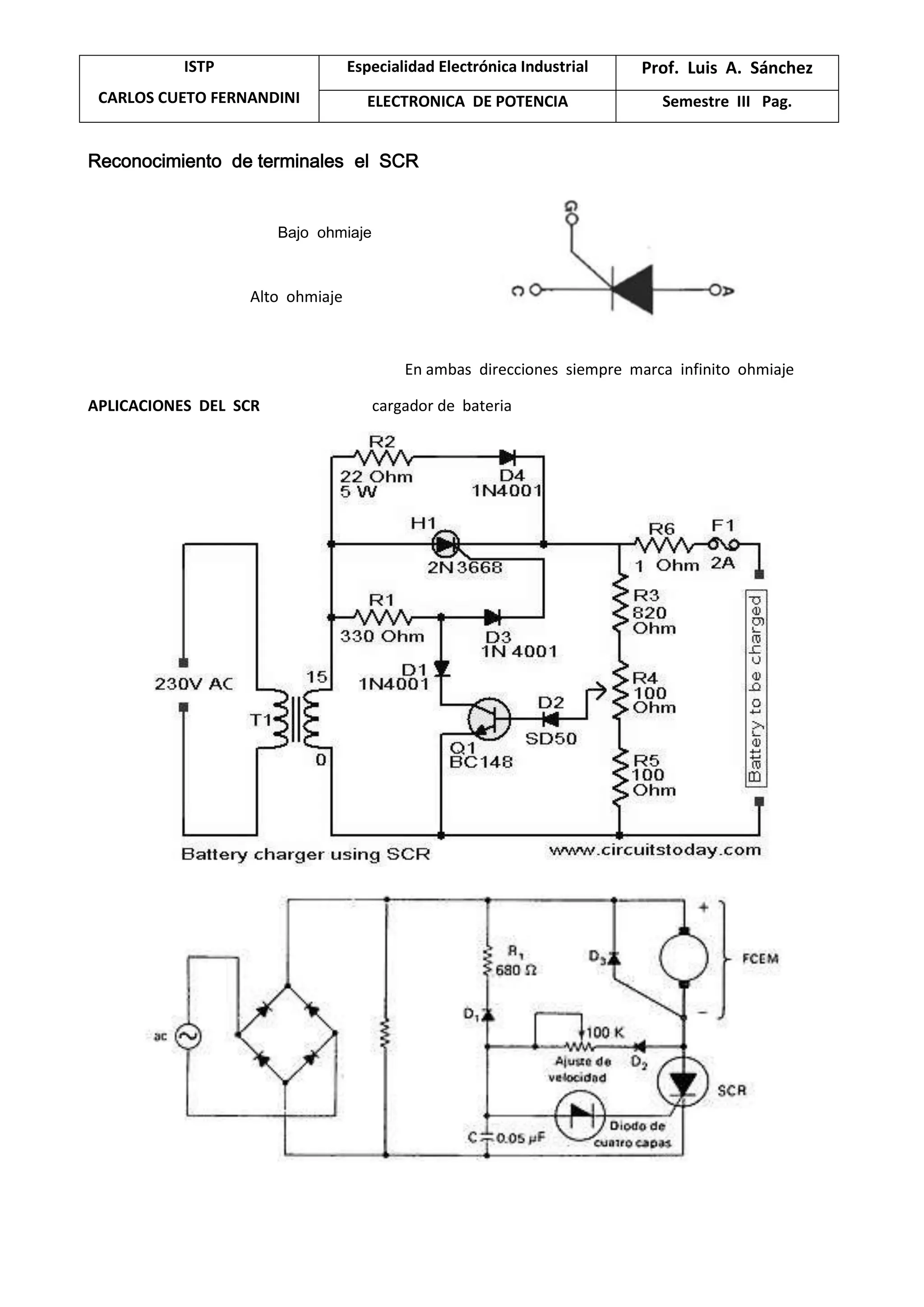 ISTP
CARLOS CUETO FERNANDINI
Especialidad Electrónica Industrial Prof. Luis A. Sánchez
ELECTRONICA DE POTENCIA Semestre III Pag.
Reconocimiento de terminales el SCR
Bajo ohmiaje
Alto ohmiaje
En ambas direcciones siempre marca infinito ohmiaje
APLICACIONES DEL SCR cargador de bateria
 