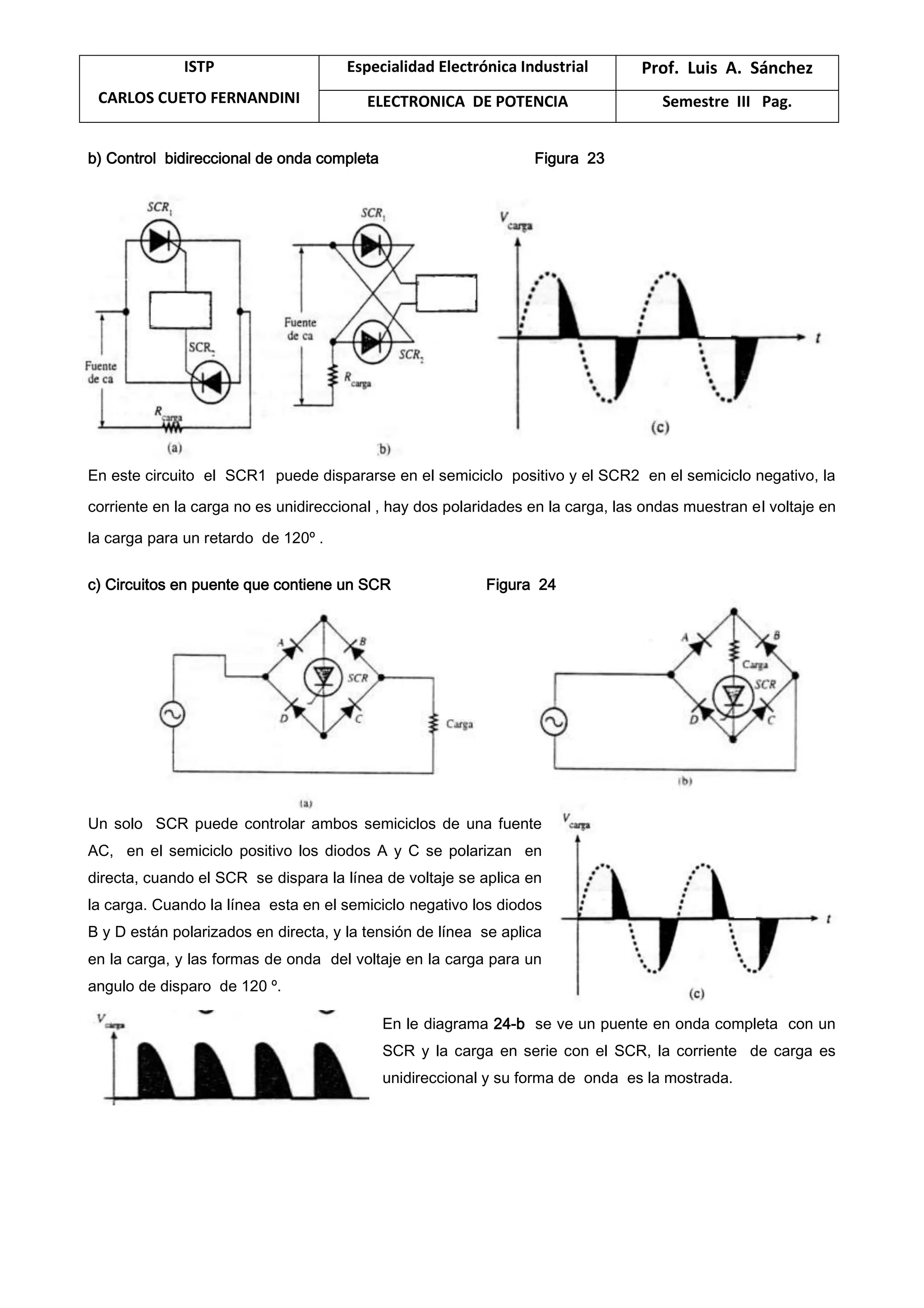 ISTP
CARLOS CUETO FERNANDINI
Especialidad Electrónica Industrial Prof. Luis A. Sánchez
ELECTRONICA DE POTENCIA Semestre III Pag.
b) Control bidireccional de onda completa Figura 23
En este circuito el SCR1 puede dispararse en el semiciclo positivo y el SCR2 en el semiciclo negativo, la
corriente en la carga no es unidireccional , hay dos polaridades en la carga, las ondas muestran el voltaje en
la carga para un retardo de 120º .
c) Circuitos en puente que contiene un SCR Figura 24
Un solo SCR puede controlar ambos semiciclos de una fuente
AC, en el semiciclo positivo los diodos A y C se polarizan en
directa, cuando el SCR se dispara la línea de voltaje se aplica en
la carga. Cuando la línea esta en el semiciclo negativo los diodos
B y D están polarizados en directa, y la tensión de línea se aplica
en la carga, y las formas de onda del voltaje en la carga para un
angulo de disparo de 120 º.
En le diagrama 24-b se ve un puente en onda completa con un
SCR y la carga en serie con el SCR, la corriente de carga es
unidireccional y su forma de onda es la mostrada.
 