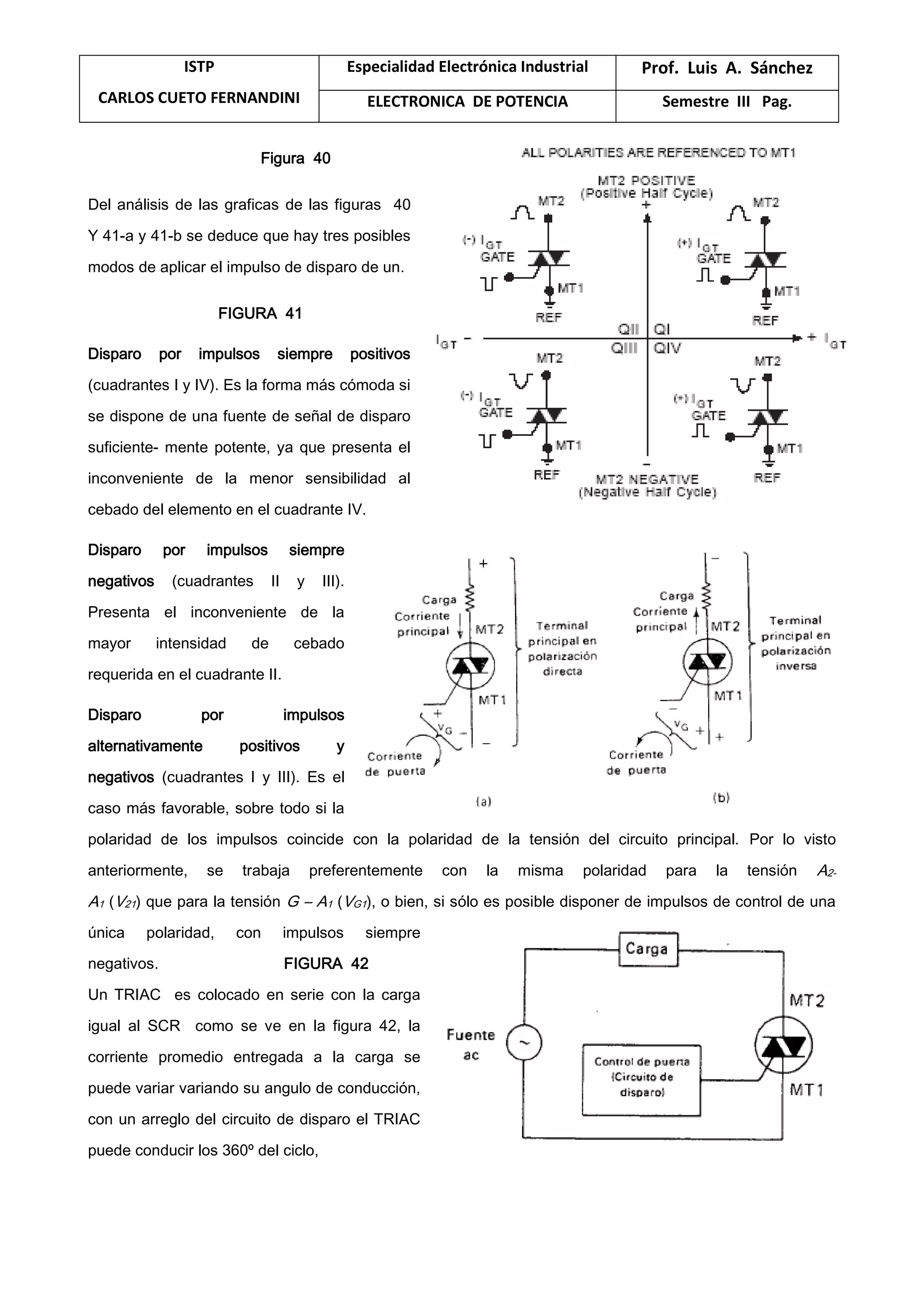 ISTP
CARLOS CUETO FERNANDINI
Especialidad Electrónica Industrial Prof. Luis A. Sánchez
ELECTRONICA DE POTENCIA Semestre III Pag.
Figura 40
Del análisis de las graficas de las figuras 40
Y 41-a y 41-b se deduce que hay tres posibles
modos de aplicar el impulso de disparo de un.
FIGURA 41
Disparo por impulsos siempre positivos
(cuadrantes I y IV). Es la forma más cómoda si
se dispone de una fuente de señal de disparo
suficiente- mente potente, ya que presenta el
inconveniente de la menor sensibilidad al
cebado del elemento en el cuadrante IV.
Disparo por impulsos siempre
negativos (cuadrantes II y III).
Presenta el inconveniente de la
mayor intensidad de cebado
requerida en el cuadrante II.
Disparo por impulsos
alternativamente positivos y
negativos (cuadrantes I y III). Es el
caso más favorable, sobre todo si la
polaridad de los impulsos coincide con la polaridad de la tensión del circuito principal. Por lo visto
anteriormente, se trabaja preferentemente con la misma polaridad para la tensión A2-
A1 (V21) que para la tensión G – A1 (VG1), o bien, si sólo es posible disponer de impulsos de control de una
única polaridad, con impulsos siempre
negativos. FIGURA 42
Un TRIAC es colocado en serie con la carga
igual al SCR como se ve en la figura 42, la
corriente promedio entregada a la carga se
puede variar variando su angulo de conducción,
con un arreglo del circuito de disparo el TRIAC
puede conducir los 360º del ciclo,
 