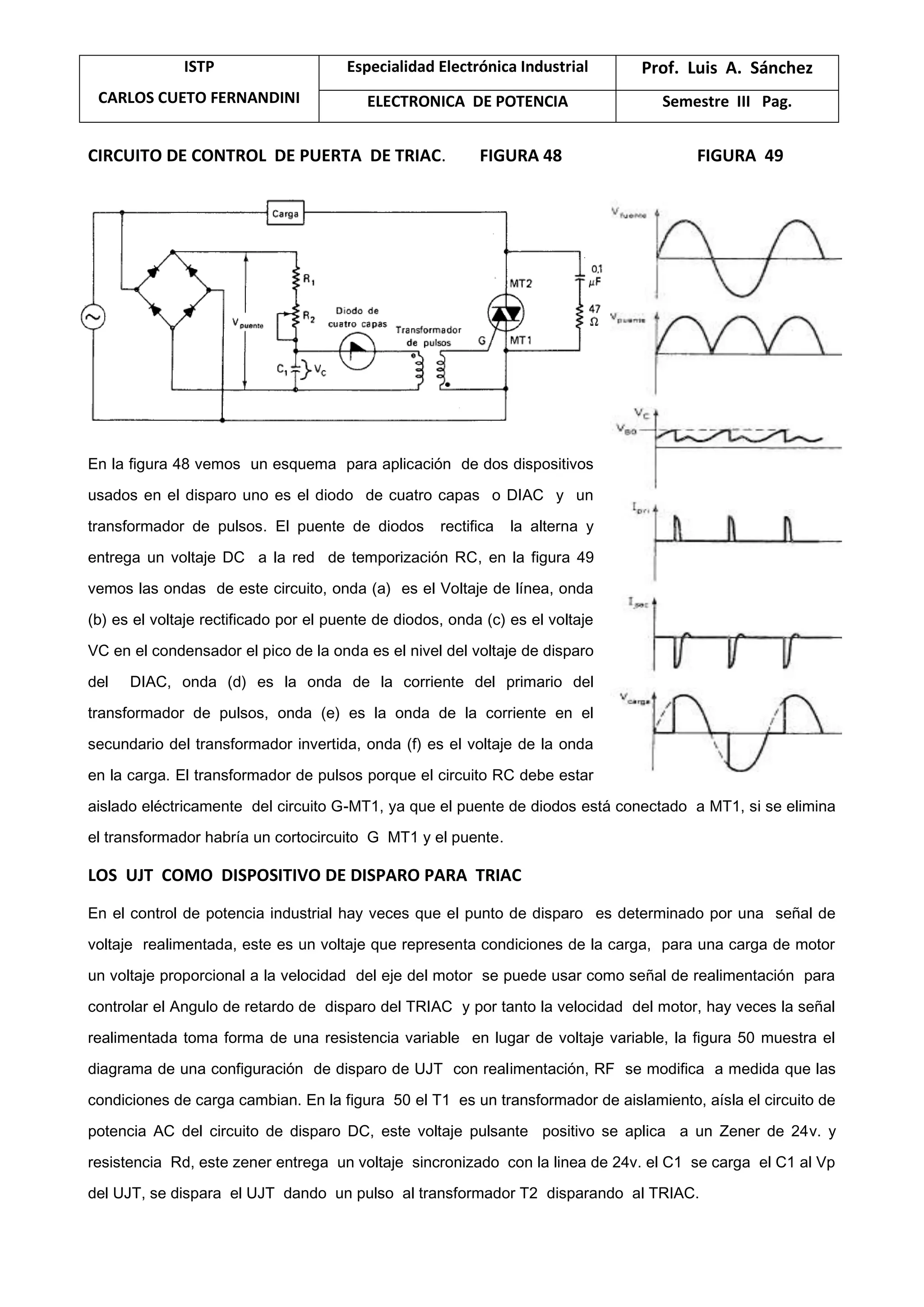 ISTP
CARLOS CUETO FERNANDINI
Especialidad Electrónica Industrial Prof. Luis A. Sánchez
ELECTRONICA DE POTENCIA Semestre III Pag.
CIRCUITO DE CONTROL DE PUERTA DE TRIAC. FIGURA 48 FIGURA 49
En la figura 48 vemos un esquema para aplicación de dos dispositivos
usados en el disparo uno es el diodo de cuatro capas o DIAC y un
transformador de pulsos. El puente de diodos rectifica la alterna y
entrega un voltaje DC a la red de temporización RC, en la figura 49
vemos las ondas de este circuito, onda (a) es el Voltaje de línea, onda
(b) es el voltaje rectificado por el puente de diodos, onda (c) es el voltaje
VC en el condensador el pico de la onda es el nivel del voltaje de disparo
del DIAC, onda (d) es la onda de la corriente del primario del
transformador de pulsos, onda (e) es la onda de la corriente en el
secundario del transformador invertida, onda (f) es el voltaje de la onda
en la carga. El transformador de pulsos porque el circuito RC debe estar
aislado eléctricamente del circuito G-MT1, ya que el puente de diodos está conectado a MT1, si se elimina
el transformador habría un cortocircuito G MT1 y el puente.
LOS UJT COMO DISPOSITIVO DE DISPARO PARA TRIAC
En el control de potencia industrial hay veces que el punto de disparo es determinado por una señal de
voltaje realimentada, este es un voltaje que representa condiciones de la carga, para una carga de motor
un voltaje proporcional a la velocidad del eje del motor se puede usar como señal de realimentación para
controlar el Angulo de retardo de disparo del TRIAC y por tanto la velocidad del motor, hay veces la señal
realimentada toma forma de una resistencia variable en lugar de voltaje variable, la figura 50 muestra el
diagrama de una configuración de disparo de UJT con realimentación, RF se modifica a medida que las
condiciones de carga cambian. En la figura 50 el T1 es un transformador de aislamiento, aísla el circuito de
potencia AC del circuito de disparo DC, este voltaje pulsante positivo se aplica a un Zener de 24v. y
resistencia Rd, este zener entrega un voltaje sincronizado con la linea de 24v. el C1 se carga el C1 al Vp
del UJT, se dispara el UJT dando un pulso al transformador T2 disparando al TRIAC.
 