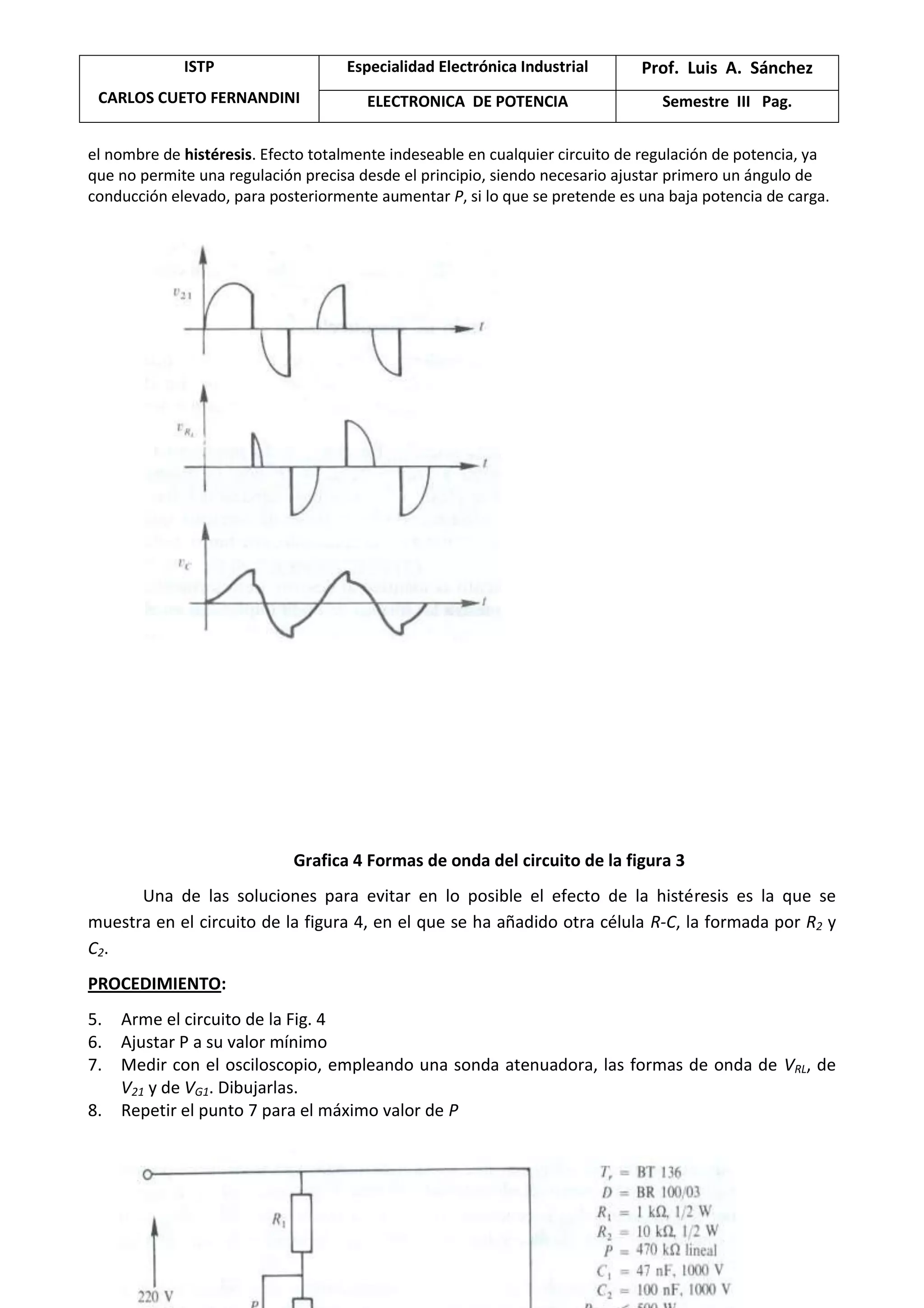 ISTP
CARLOS CUETO FERNANDINI
Especialidad Electrónica Industrial Prof. Luis A. Sánchez
ELECTRONICA DE POTENCIA Semestre III Pag.
el nombre de histéresis. Efecto totalmente indeseable en cualquier circuito de regulación de potencia, ya
que no permite una regulación precisa desde el principio, siendo necesario ajustar primero un ángulo de
conducción elevado, para posteriormente aumentar P, si lo que se pretende es una baja potencia de carga.
Grafica 4 Formas de onda del circuito de la figura 3
Una de las soluciones para evitar en lo posible el efecto de la histéresis es la que se
muestra en el circuito de la figura 4, en el que se ha añadido otra célula R-C, la formada por R2 y
C2.
PROCEDIMIENTO:
5. Arme el circuito de la Fig. 4
6. Ajustar P a su valor mínimo
7. Medir con el osciloscopio, empleando una sonda atenuadora, las formas de onda de VRL, de
V21 y de VG1. Dibujarlas.
8. Repetir el punto 7 para el máximo valor de P
 