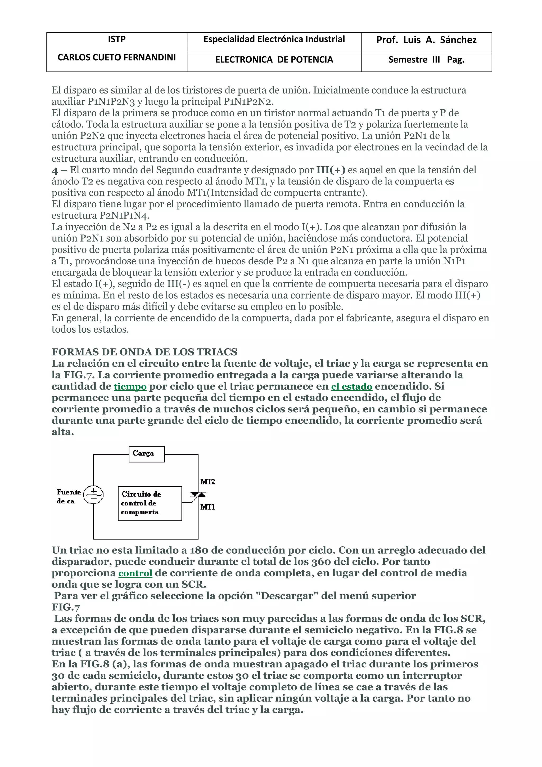 ISTP
CARLOS CUETO FERNANDINI
Especialidad Electrónica Industrial Prof. Luis A. Sánchez
ELECTRONICA DE POTENCIA Semestre III Pag.
El disparo es similar al de los tiristores de puerta de unión. Inicialmente conduce la estructura
auxiliar P1N1P2N3 y luego la principal P1N1P2N2.
El disparo de la primera se produce como en un tiristor normal actuando T1 de puerta y P de
cátodo. Toda la estructura auxiliar se pone a la tensión positiva de T2 y polariza fuertemente la
unión P2N2 que inyecta electrones hacia el área de potencial positivo. La unión P2N1 de la
estructura principal, que soporta la tensión exterior, es invadida por electrones en la vecindad de la
estructura auxiliar, entrando en conducción.
4 – El cuarto modo del Segundo cuadrante y designado por III(+) es aquel en que la tensión del
ánodo T2 es negativa con respecto al ánodo MT1, y la tensión de disparo de la compuerta es
positiva con respecto al ánodo MT1(Intensidad de compuerta entrante).
El disparo tiene lugar por el procedimiento llamado de puerta remota. Entra en conducción la
estructura P2N1P1N4.
La inyección de N2 a P2 es igual a la descrita en el modo I(+). Los que alcanzan por difusión la
unión P2N1 son absorbido por su potencial de unión, haciéndose más conductora. El potencial
positivo de puerta polariza más positivamente el área de unión P2N1 próxima a ella que la próxima
a T1, provocándose una inyección de huecos desde P2 a N1 que alcanza en parte la unión N1P1
encargada de bloquear la tensión exterior y se produce la entrada en conducción.
El estado I(+), seguido de III(-) es aquel en que la corriente de compuerta necesaria para el disparo
es mínima. En el resto de los estados es necesaria una corriente de disparo mayor. El modo III(+)
es el de disparo más difícil y debe evitarse su empleo en lo posible.
En general, la corriente de encendido de la compuerta, dada por el fabricante, asegura el disparo en
todos los estados.
FORMAS DE ONDA DE LOS TRIACS
La relación en el circuito entre la fuente de voltaje, el triac y la carga se representa en
la FIG.7. La corriente promedio entregada a la carga puede variarse alterando la
cantidad de tiempo por ciclo que el triac permanece en el estado encendido. Si
permanece una parte pequeña del tiempo en el estado encendido, el flujo de
corriente promedio a través de muchos ciclos será pequeño, en cambio si permanece
durante una parte grande del ciclo de tiempo encendido, la corriente promedio será
alta.
Un triac no esta limitado a 180 de conducción por ciclo. Con un arreglo adecuado del
disparador, puede conducir durante el total de los 360 del ciclo. Por tanto
proporciona control de corriente de onda completa, en lugar del control de media
onda que se logra con un SCR.
Para ver el gráfico seleccione la opción "Descargar" del menú superior
FIG.7
Las formas de onda de los triacs son muy parecidas a las formas de onda de los SCR,
a excepción de que pueden dispararse durante el semiciclo negativo. En la FIG.8 se
muestran las formas de onda tanto para el voltaje de carga como para el voltaje del
triac ( a través de los terminales principales) para dos condiciones diferentes.
En la FIG.8 (a), las formas de onda muestran apagado el triac durante los primeros
30 de cada semiciclo, durante estos 30 el triac se comporta como un interruptor
abierto, durante este tiempo el voltaje completo de línea se cae a través de las
terminales principales del triac, sin aplicar ningún voltaje a la carga. Por tanto no
hay flujo de corriente a través del triac y la carga.
 