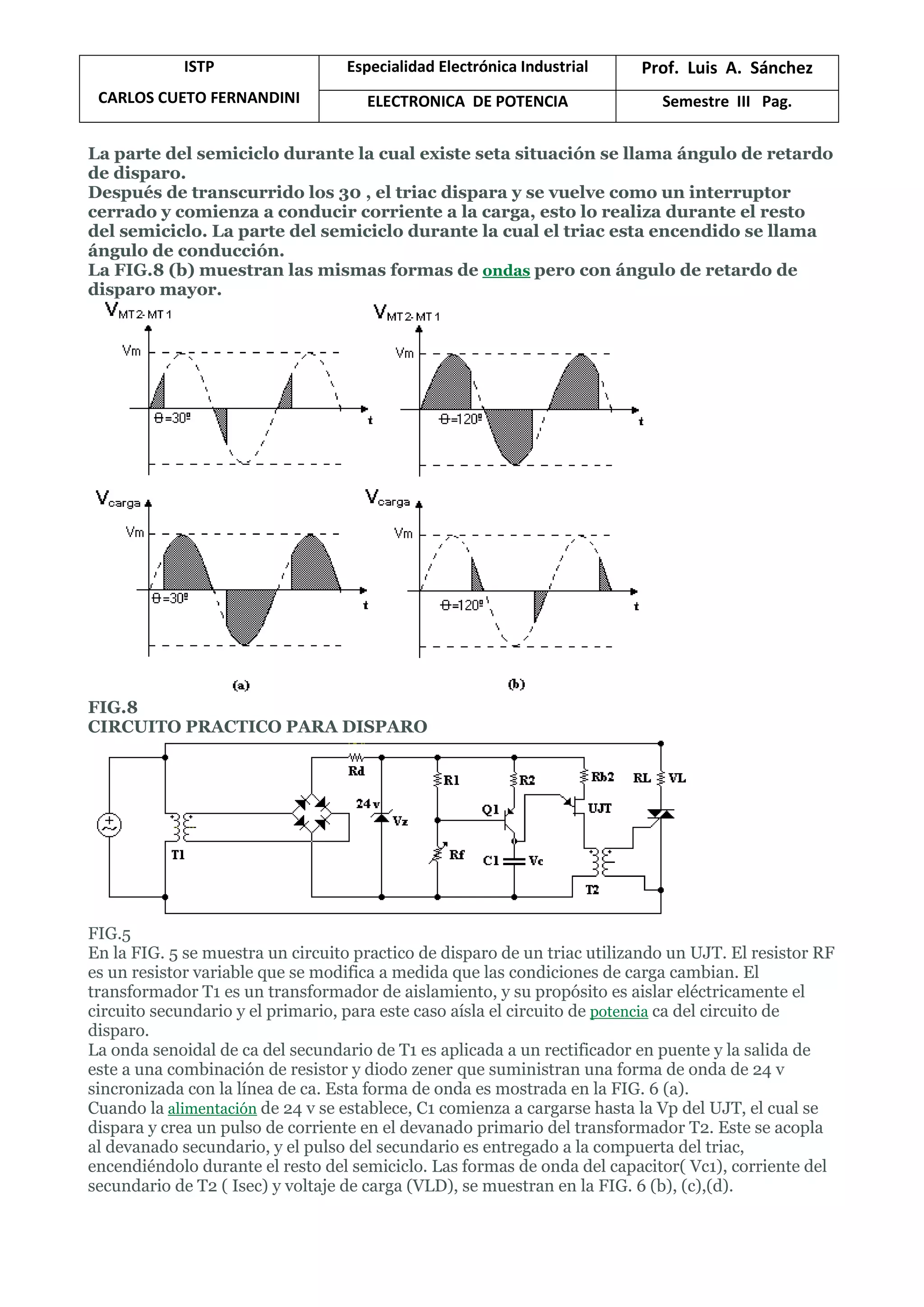 ISTP
CARLOS CUETO FERNANDINI
Especialidad Electrónica Industrial Prof. Luis A. Sánchez
ELECTRONICA DE POTENCIA Semestre III Pag.
La parte del semiciclo durante la cual existe seta situación se llama ángulo de retardo
de disparo.
Después de transcurrido los 30 , el triac dispara y se vuelve como un interruptor
cerrado y comienza a conducir corriente a la carga, esto lo realiza durante el resto
del semiciclo. La parte del semiciclo durante la cual el triac esta encendido se llama
ángulo de conducción.
La FIG.8 (b) muestran las mismas formas de ondas pero con ángulo de retardo de
disparo mayor.
FIG.8
CIRCUITO PRACTICO PARA DISPARO
FIG.5
En la FIG. 5 se muestra un circuito practico de disparo de un triac utilizando un UJT. El resistor RF
es un resistor variable que se modifica a medida que las condiciones de carga cambian. El
transformador T1 es un transformador de aislamiento, y su propósito es aislar eléctricamente el
circuito secundario y el primario, para este caso aísla el circuito de potencia ca del circuito de
disparo.
La onda senoidal de ca del secundario de T1 es aplicada a un rectificador en puente y la salida de
este a una combinación de resistor y diodo zener que suministran una forma de onda de 24 v
sincronizada con la línea de ca. Esta forma de onda es mostrada en la FIG. 6 (a).
Cuando la alimentación de 24 v se establece, C1 comienza a cargarse hasta la Vp del UJT, el cual se
dispara y crea un pulso de corriente en el devanado primario del transformador T2. Este se acopla
al devanado secundario, y el pulso del secundario es entregado a la compuerta del triac,
encendiéndolo durante el resto del semiciclo. Las formas de onda del capacitor( Vc1), corriente del
secundario de T2 ( Isec) y voltaje de carga (VLD), se muestran en la FIG. 6 (b), (c),(d).
 