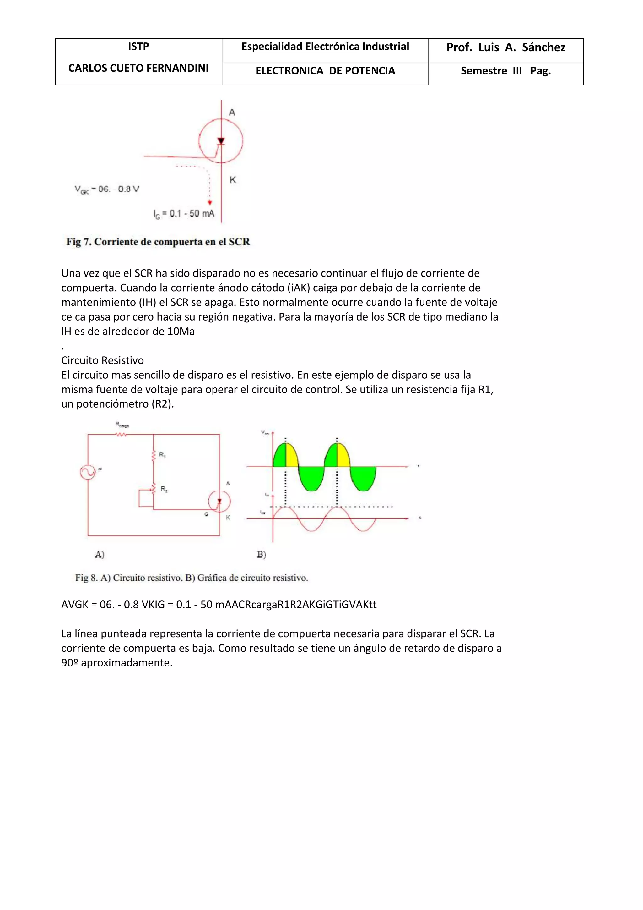 ISTP
CARLOS CUETO FERNANDINI
Especialidad Electrónica Industrial Prof. Luis A. Sánchez
ELECTRONICA DE POTENCIA Semestre III Pag.
Una vez que el SCR ha sido disparado no es necesario continuar el flujo de corriente de
compuerta. Cuando la corriente ánodo cátodo (iAK) caiga por debajo de la corriente de
mantenimiento (IH) el SCR se apaga. Esto normalmente ocurre cuando la fuente de voltaje
ce ca pasa por cero hacia su región negativa. Para la mayoría de los SCR de tipo mediano la
IH es de alrededor de 10Ma
.
Circuito Resistivo
El circuito mas sencillo de disparo es el resistivo. En este ejemplo de disparo se usa la
misma fuente de voltaje para operar el circuito de control. Se utiliza un resistencia fija R1,
un potenciómetro (R2).
AVGK = 06. - 0.8 VKIG = 0.1 - 50 mAACRcargaR1R2AKGiGTiGVAKtt
La línea punteada representa la corriente de compuerta necesaria para disparar el SCR. La
corriente de compuerta es baja. Como resultado se tiene un ángulo de retardo de disparo a
90º aproximadamente.
 