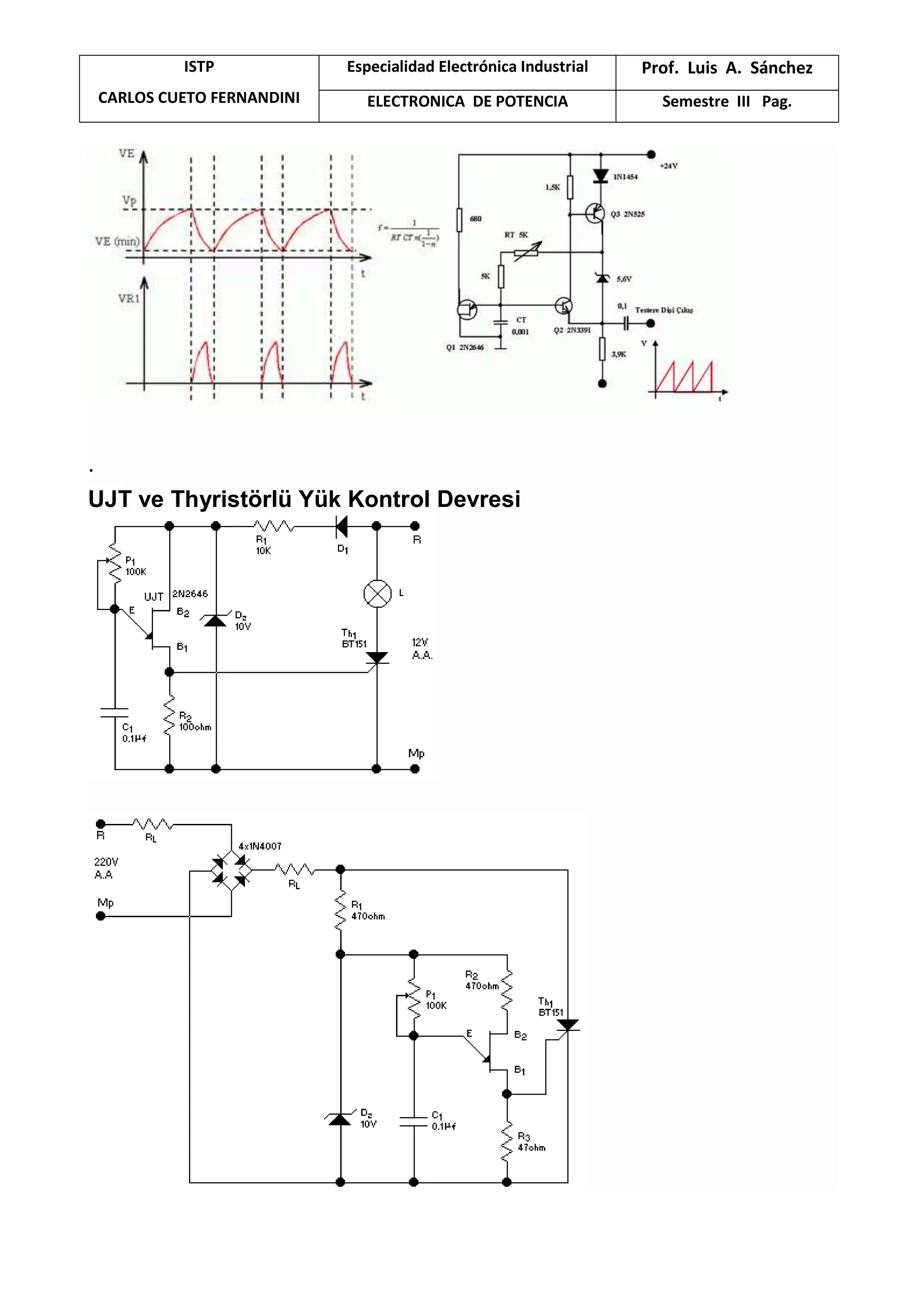ISTP
CARLOS CUETO FERNANDINI
Especialidad Electrónica Industrial Prof. Luis A. Sánchez
ELECTRONICA DE POTENCIA Semestre III Pag.
.
UJT ve Thyristörlü Yük Kontrol Devresi
 