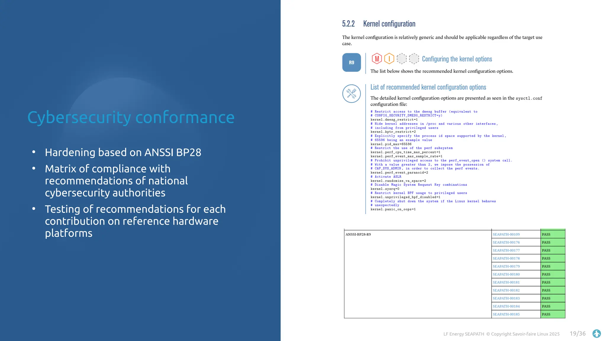 LF Energy SEAPATH © Copyright Savoir-faire Linux 2025 19/36
●
Hardening based on ANSSI BP28
●
Matrix of compliance with
recommendations of national
cybersecurity authorities
●
Testing of recommendations for each
contribution on reference hardware
platforms
Cybersecurity conformance
 