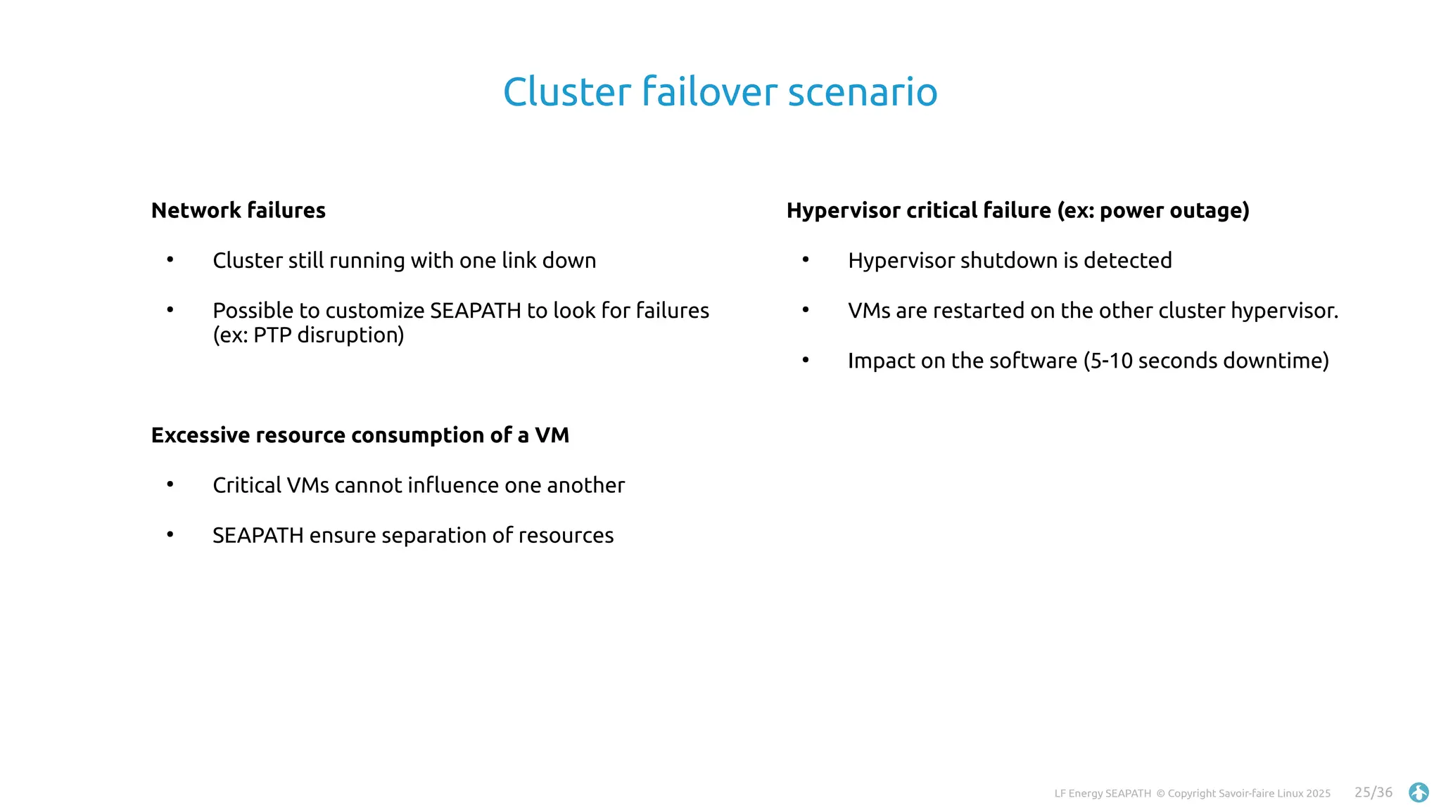 LF Energy SEAPATH © Copyright Savoir-faire Linux 2025 25/36
Cluster failover scenario
Network failures
●
Cluster still running with one link down
●
Possible to customize SEAPATH to look for failures
(ex: PTP disruption)
Excessive resource consumption of a VM
●
Critical VMs cannot influence one another
●
SEAPATH ensure separation of resources
Hypervisor critical failure (ex: power outage)
●
Hypervisor shutdown is detected
●
VMs are restarted on the other cluster hypervisor.
●
Impact on the software (5-10 seconds downtime)
 