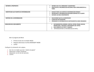 DEFINIR EL PROPOSITO                                           DEFINIR CUAL ES EL PROBLEMA Y DELIMITARLO
                                                                IDENTIFICAR LA INFORMACION NECESARIA PARA COMPLEMENTAR LA
                                                                TAREA

 IDENTIFICAR LAS FUENTES DE INFORMACION                         BUSCAR TODAS LAS FUENTES DE INFORMACION POSIBLES
                                                                ENCONTRAR LA INFORMACION NECESARIA DENTRO DE LA FUENTE
                                                                ESCOGER LAS MAS CONVENIENTES

 SINTESIS DE LA INFORMACION                                     SELECCIONAR QUE ES LO IMPORTANTE
                                                                CLASIFICAR QUE ENCONTRE
                                                                ORGANIZAR LA INFORMACION EN INSTRUMENTOS COMO ANDAMIOS

CREACION DEL DOCUMENTO                                             EDITAR(INSERTAR, BORRAR, CORTAR, COPIAR, PEGAR, BUSCAR,
                                                                   REEMPLAZAR, Y REVISAR LA ORTOGRAFIA DEL TEXTO)
                                                                   DAR FORMATO DE TEXTO Y PARRAFO
                                                                   IMPRIMIR(OBTENER LA INFORMACION EN PAPEL)




         Abrir el programa de Word:

                Primero le das clic en el botón INICIO
                Después seleccionas el archivo MICROSOFT WORD
                ¡LISTO!

Configurar la orientación de la página

    1.   dar clic en el botón que dice “ diseño de pagina”
    2.   seleccionar el botón orientación
    3.   seleccionar una de las dos opciones
    4.   ¡LISTO!
 