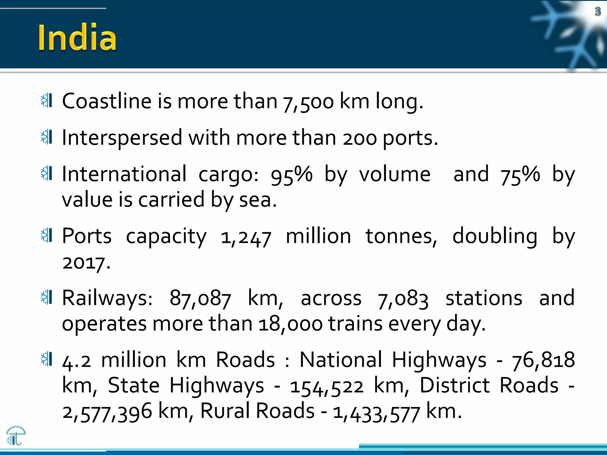 Pawanexh Kohli
Coastline is more than 7,500 km long.
Interspersed with more than 200 ports.
International cargo: 95% by volume and 75% by
value is carried by sea.
Ports capacity 1,247 million tonnes, doubling by
2017.
Railways: 87,087 km, across 7,083 stations and
operates more than 18,000 trains every day.
4.2 million km Roads : National Highways - 76,818
km, State Highways - 154,522 km, District Roads -
2,577,396 km, Rural Roads - 1,433,577 km.
 