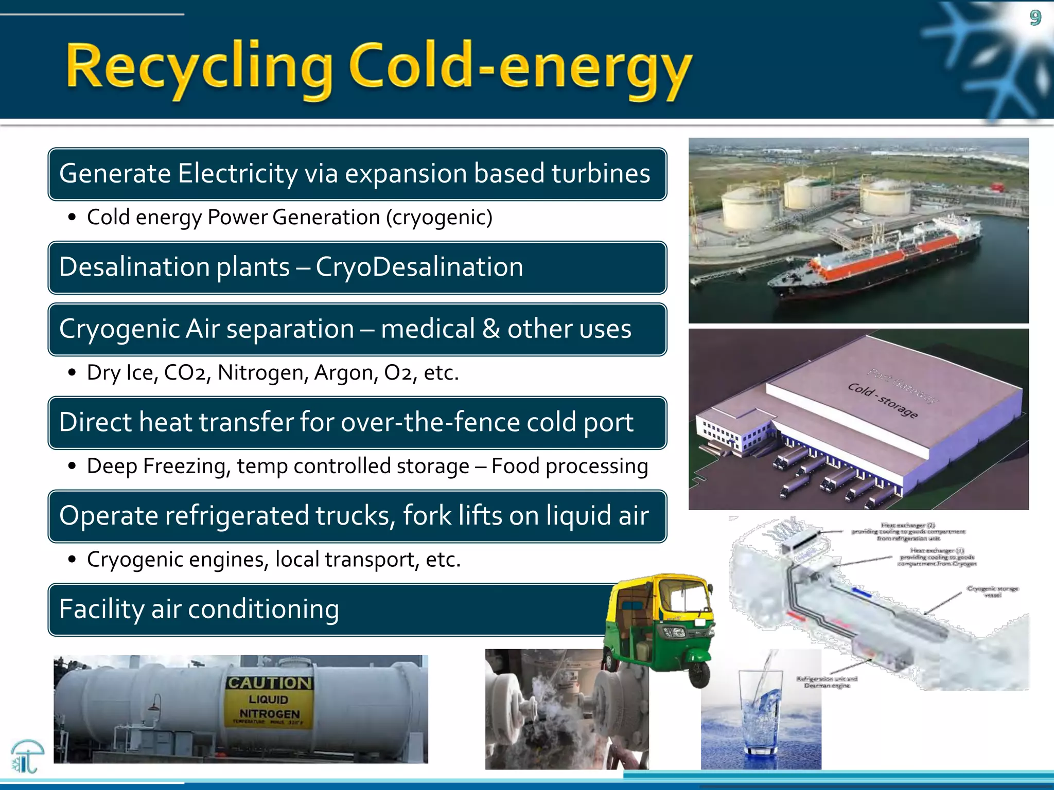 Pawanexh Kohli
Generate Electricity via expansion based turbines
• Cold energy Power Generation (cryogenic)
Desalination plants – CryoDesalination
CryogenicAir separation – medical & other uses
• Dry Ice, CO2, Nitrogen, Argon, O2, etc.
Direct heat transfer for over-the-fence cold port
• Deep Freezing, temp controlled storage – Food processing
Operate refrigerated trucks, fork lifts on liquid air
• Cryogenic engines, local transport, etc.
Facility air conditioning
 
