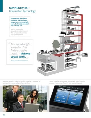 CONNECTIVITY:
          Information Technology

            A community that fosters
            innovation is economically
            prosperous, environmentally
            aware, technically advanced
            and culturally rich.

            Such a community
            demands a modern network
            that can serve its complex
            and dynamic needs.




       “ Ideas needthat
         ecosystem
                    a tight

            fosters creative
            growth – distance               “
            equals death.
            Boston Innovation District website




Wireless networks cover the project, making it possible to   Smart metering technologies connect end users to utility
work and be connected anywhere, anytime                      providers to improve efficiency and lower utility costs




30
 