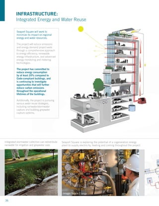 INFRASTRUCTURE:
          Integrated Energy and Water Reuse

           Seaport Square will work to
           minimize its impact on regional
           energy and water resources.

           The project will reduce emissions
           and energy demand project-wide
           through a comprehensive approach
           to energy efﬁciency, renewable
           energy infrastructure, and advanced
           energy monitoring and metering
           technologies.

           The project has committed to
           reduce energy consumption
           by at least 20% compared to
           Code-compliant buildings, and
           is continuing to investigate
           opportunities that will further
           reduce carbon emissions
           throughout the operational
           lifetimes of the buildings.

           Additionally, the project is pursuing
           various water reuse strategies,
           including rainwater/stormwater
           capture and building greywater
           capture systems.




Integrated stormwater collection can redistribute   Seaport Square is exploring the potential of a cogeneration energy
rainwater for irrigation and greywater uses         plant to supply electricity, heating and cooling throughout the project




                                                     Image: Veolia Energy

36
 
