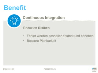 Continuous Integration
Benefit
#WISSENTEILEN
Reduziert Risiken
• Fehler werden schneller erkannt und behoben
• Bessere Planbarkeit
 
