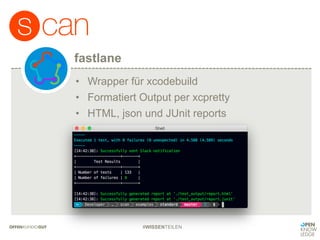 fastlane
#WISSENTEILEN
• Wrapper für xcodebuild
• Formatiert Output per xcpretty
• HTML, json und JUnit reports
 