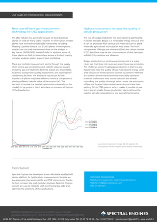 SPECTRAL ENGINES OY | Kutomotie 16, 00380 Helsinki, FINLAND
sales@spectralengines.com | +358 50 409 0204 | WWW.SPECTRALENGINES.COM
FOR MORE INFORMATION:
Matti Tammi, Application Expert, Spectral Engines
Matti.Tammi@spectralengines.com
+358 44 5281027
USE CASES OF HYDROCARBON MEASUREMENTS
New cost-efficient gas measurement
technology for LNG applications
The LNG industry has generally focused on large baseload
plants on land for many years. However, in recent years, smaller
plants have received considerable investments including
Floating Liquefied Natural Gas (FLNG) plants. In these plants,
simple, low-cost and maintenance-free on-line analysis is
key due to CAPEX/OPEX tradeoff shifts. In addition, some of
these plants are built in areas where access is limited, making
complex analyzer system support cost prohibitive.
There are multiple measurement points through the supply
chain where gas composition and calorific value are sought,
including gas pre-treatment facilities, export and import LNG
locations, storage tank quality assessments, and vaporization/
condensing facilities. The feedstock natural gas for the
liquefaction plants may have different chemical compositions,
yielding different calorific value of the output LNG. The
decision to remove the heavier hydrocarbons depends on the
market for by-products (such as butane or propane) at the site
of the liquefaction.	
Conclusion
Spectral Engines has developed a new, affordable and fast NIR
sensor platform for hydrocarbon measurements. Sensors are
less expensive than existing GCs and FTIR instruments. Thanks
to their compact size and modular structure, Spectral Engines
sensors are easy to integrate with commercial gas cells and
optimize the sensitivity of the applications.
Hydrocarbon sensors increase the quality of
biogas production
The role of biogas production has been growing significantly
in recent decades. Biogas is a renewable energy resource and
it can be produced from various raw materials such as plant
materials, agricultural, municipal or food waste. The main
components of biogas are methane (CH4) and carbon dioxide
(CO2), but there may be low concentrations of also hydrogen
sulfide(H2S), moisture and siloxanes.
Biogas production is a continuous process and it is a very
clean fuel that does not create any greenhouse gas emissions.
The challenge concerning biogas production is that it is very
fragmented. Also the quality of raw material and energy varies
a lot because of limited process control equipment. Methane
and carbon dioxide measurements would help operators
to better understand their production and also enable
controlling the quality of energy. What’s more, the price point
of Spectral Engines’ hydrocarbon sensor is much less than
existing GCs or FTIR systems, which makes it possible to use
them also in smaller biogas production plants without the
need of sample preparations or any special maintenance.
Low volume percent range C2–C6 spectra for
comparison of the shapes and relative intensities.
ACAL BFi France - ZI La petite Montagne Sud - CE 1834 - 91018 Evry cedex Tél. 01 60 79 59 38 - Fax. 01 60 79 89 01 - photonique.fr@acalbfi.fr - www.acalbfi.fr
 