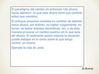 El paradigma del cambio es entonces <de afuera
hacia adentro>: lo que esta afuera tiene que cambiar
antes que nosotros.
El enfoque proactivo consiste en cambiar de adentro
hacia afuera: ser distinto, no hablar vulgarmente, no
fumar, no beber bebidas alcohólicas, etc. y de esta
manera provocar un cambio positivo en lo que esta
allí afuera. Si realmente quiero mejorar la situación,
puedo trabajar en lo único sobre lo que tengo
control: yo mismo.
Ejemplo la vida de José.
Jh.Riveros
 