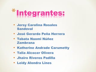 • Jersy Carolina Rosales
Sandoval
• José Gerardo Peña Herrera
• Tabata Naomi Núñez
Zambrana
• Katherine Andrade Carumetty
• Talia Alcocer Olivera
• Jhairo Riveros Padilla
• Leidy Alondra Lines
 
